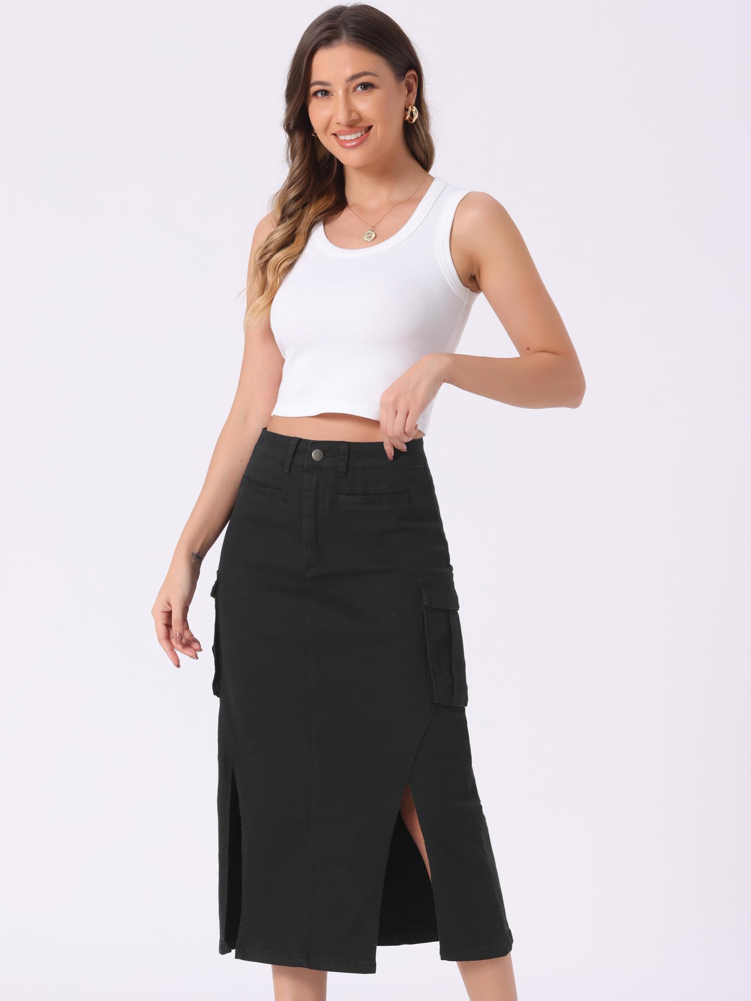 Allegra K Women's Y2K Cargo Skirts - Split Hem Denim Midi Skirt | High Waisted A-Line Skirts for Casual Wear, Street Style & Retro Fashion Outfits