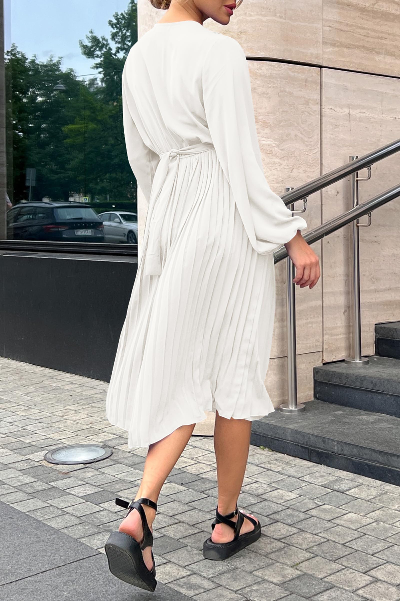 PRETTYGARDEN Women's Spring & Fall Midi Dress with Long Puff Sleeves, Wrap V-Neck, Flowy Ruffle Pleated Design - Perfect for Casual Outings, Date Nights & Office Wear