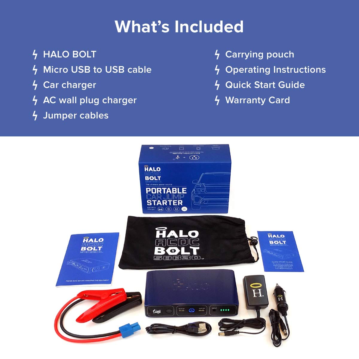 HALO Bolt 58830 mWh Portable Charger - Phone & Laptop Power Bank, Car Jump Starter with AC Outlet, USB Ports & Car Charger - Emergency Power for Camping, Travel & Road Trips