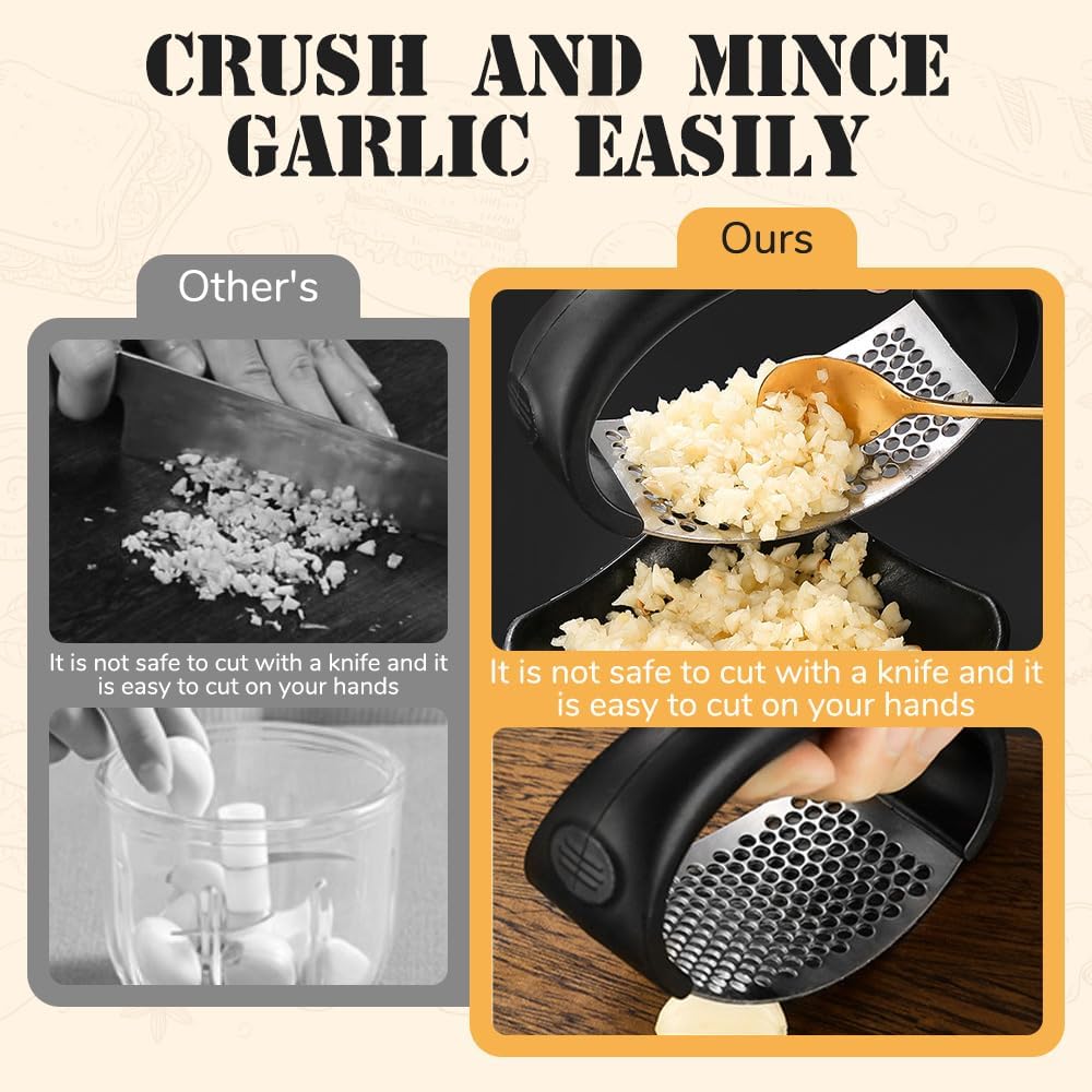 2024 Premium Stainless Steel Garlic Press & Rocker Mincer - Heavy Duty Manual Garlic Crusher with Peeler - 2-Piece Kitchen Gadget Set (Black) - Perfect for Cooking, Meal Prep & Restaurants
