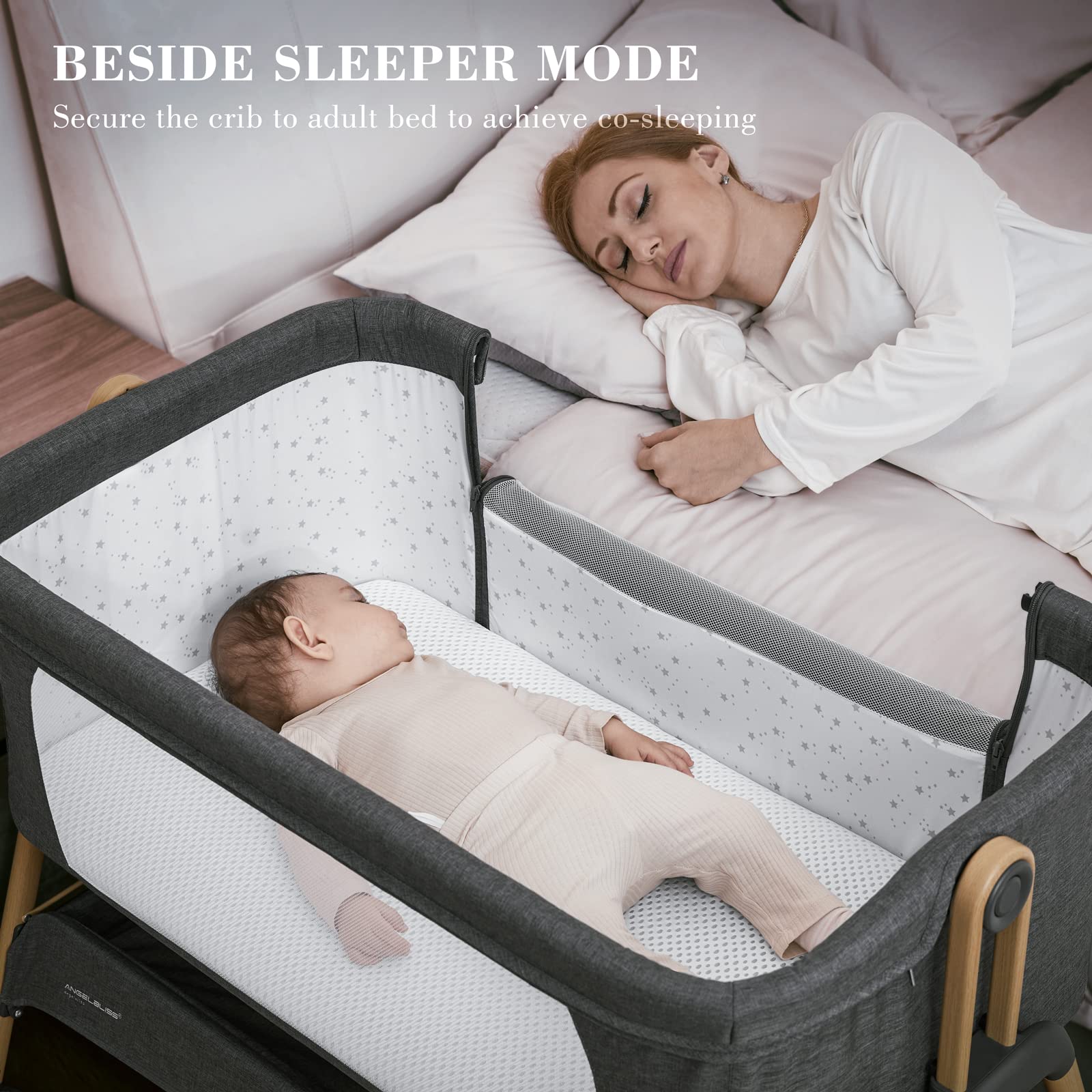 ANGELBLISS Baby Bassinet & Bedside Sleeper - Adjustable Portable Crib with Breathable Washable Mattress, 6-Level Height for Safe Co-Sleeping | Newborn Infant Bed for Nursery, Travel & Home Use