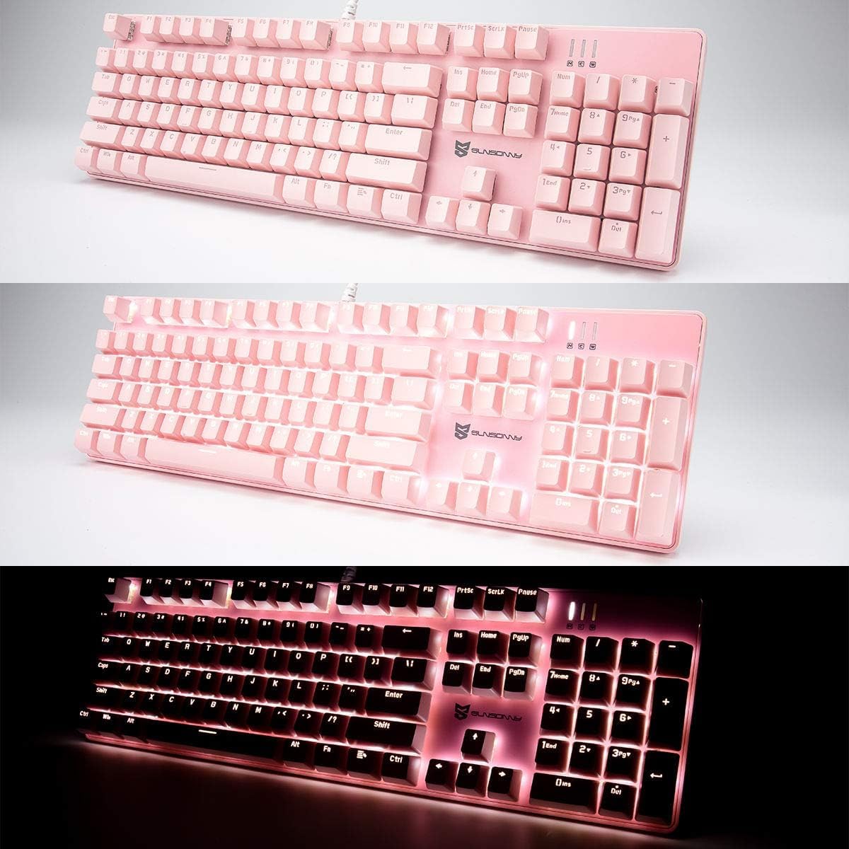 Qisan Mechanical Gaming Keyboard - Wired White Backlit Keyboard with Blue Switches, 104 Keys Full Size US Layout (Pink) | Perfect for PC Gaming, Office Work & Typing Enthusiasts