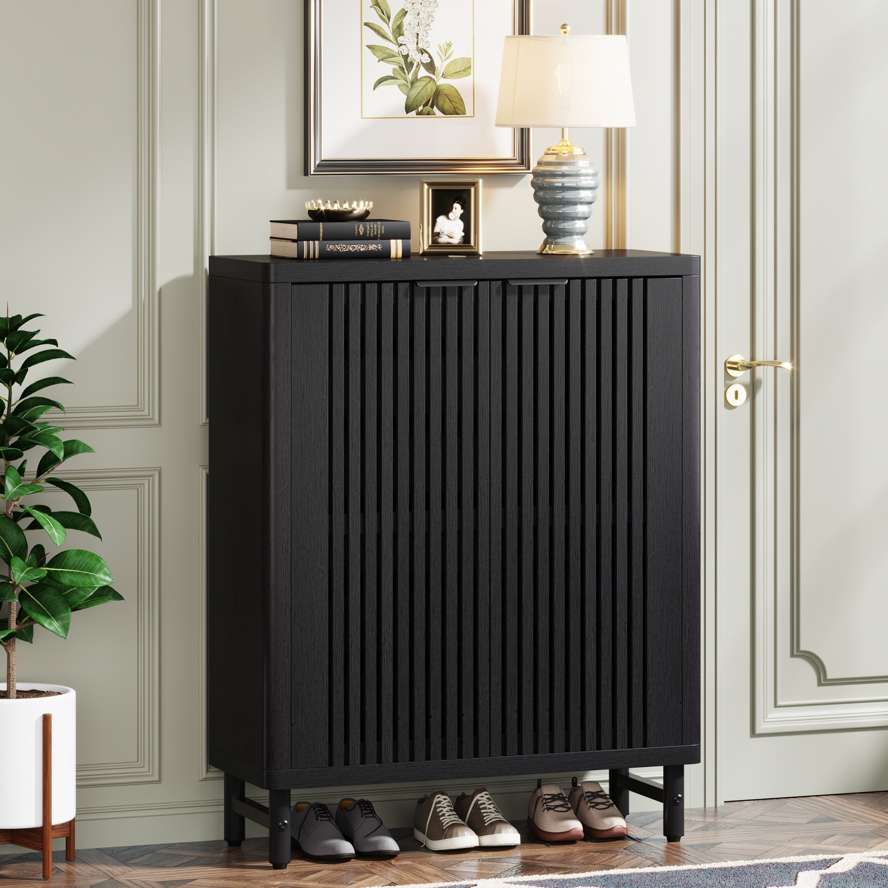 6 Tier Wooden Shoe Cabinet with Louvered Doors & Adjustable Shelves - Space Saving Entryway Storage Organizer for Shoes, Boots & Home Decor - Perfect for Hallway, Closet & Apartment Living
