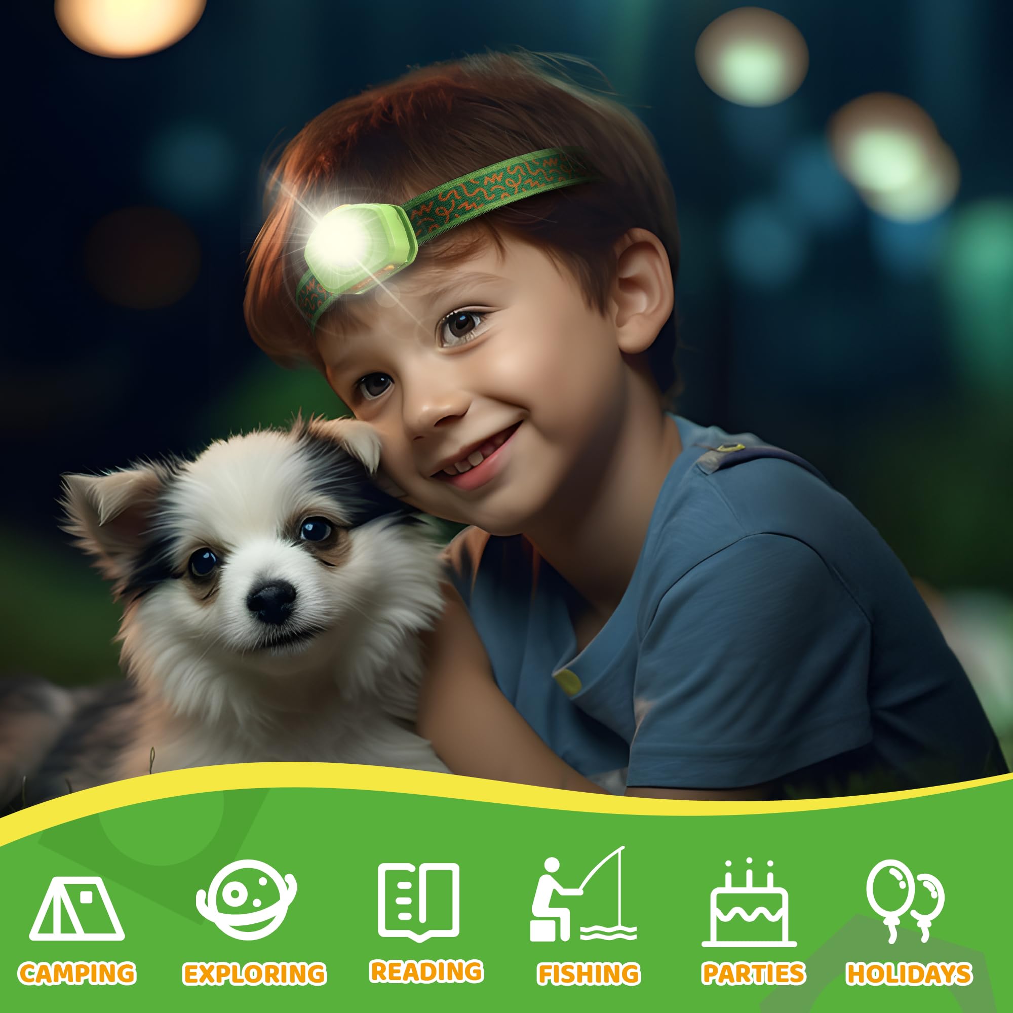 EverBrite Rechargeable LED Headlamp for Kids - RGB Multicolor Light with Adjustable Headband, 3 Lighting Modes | Perfect for Camping, Reading, Exploring, Halloween & Christmas Gifts