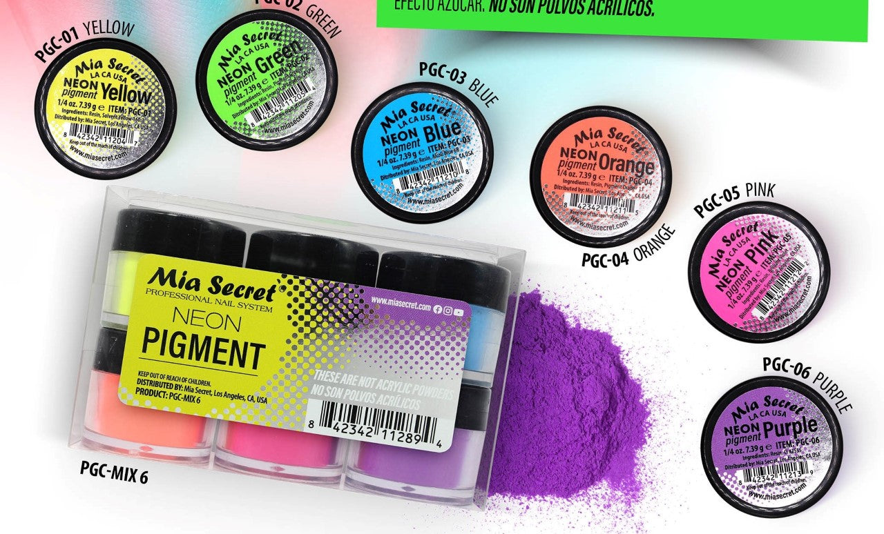 MIA SECRET 6-Piece Neon Pigment Powder Set - Vibrant UV Reactive Makeup for Face, Body & Nails - Perfect for Festival, Rave & Cosplay Looks