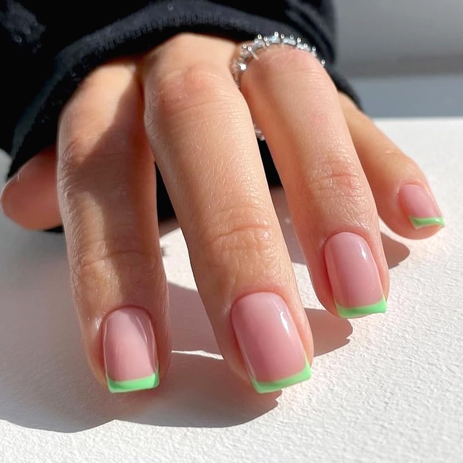 48Pcs Short Square Green French Tip Press on Nails - Full Cover Acrylic Fake Nails with Glue for Women & Girls - Perfect for Parties, Weddings, and Everyday Nail Decor