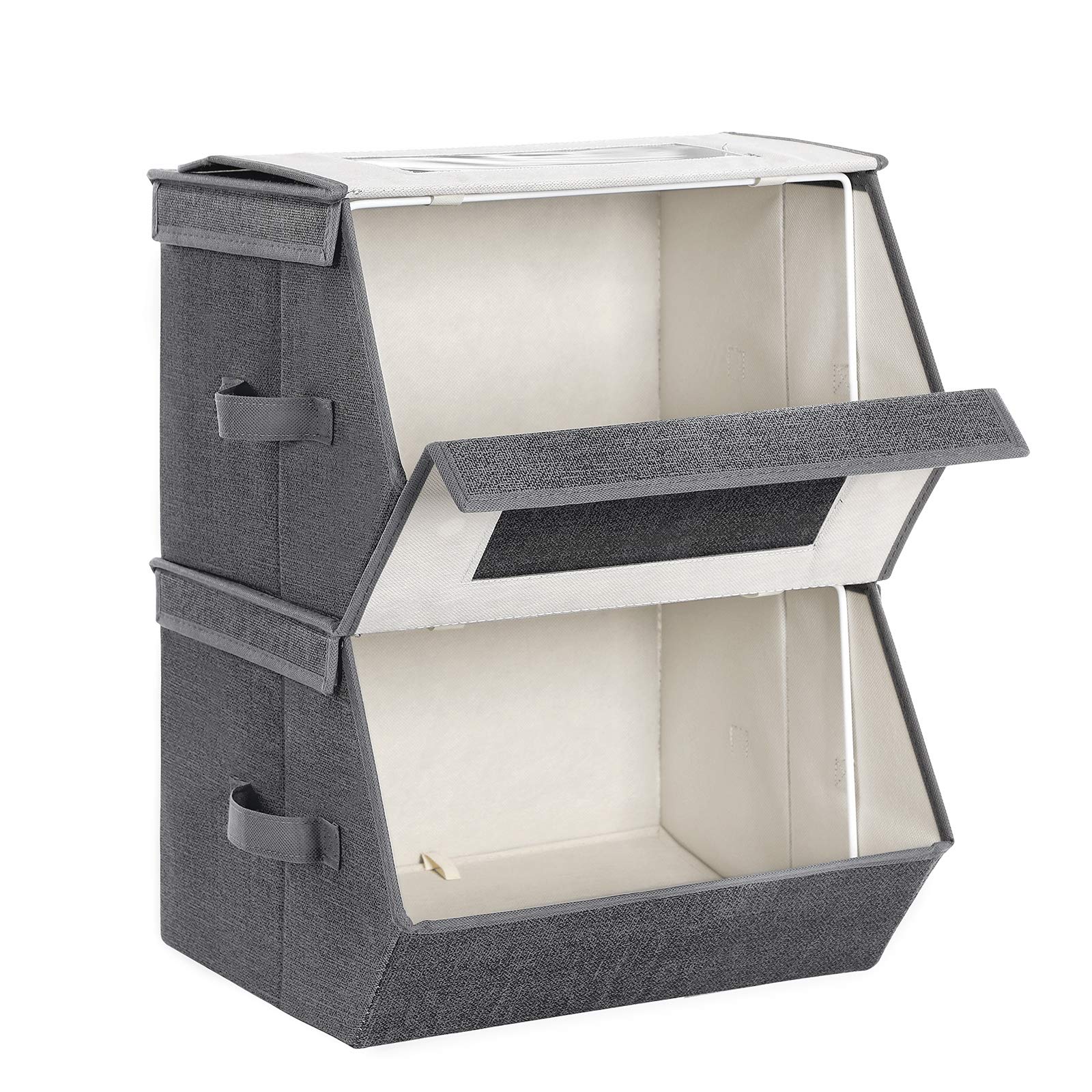 SONGMICS 2-Pack Stackable Storage Bins with Lids, Clear Front Window & Magnetic Closure - Non-Woven Fabric Closet Organizers with Side Handles, Dark Gray URPLB02G - Perfect for Bedroom, Closet & Office Organization
