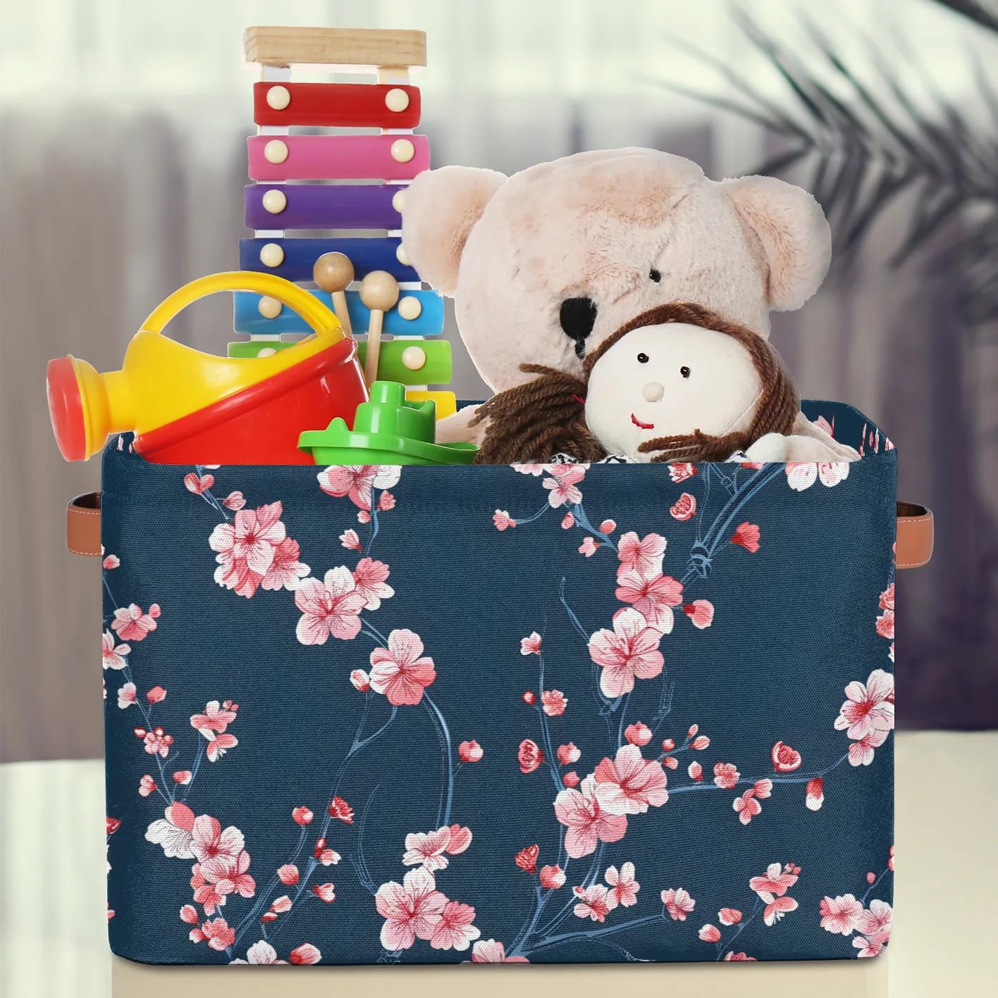 Large Fabric Storage Baskets with Handles - 2 Pack Cherry Blossom Decorative Collapsible Organizer Bins for Shelves, Closet & Home | Perfect for Clothes, Toys & Bedroom Organization