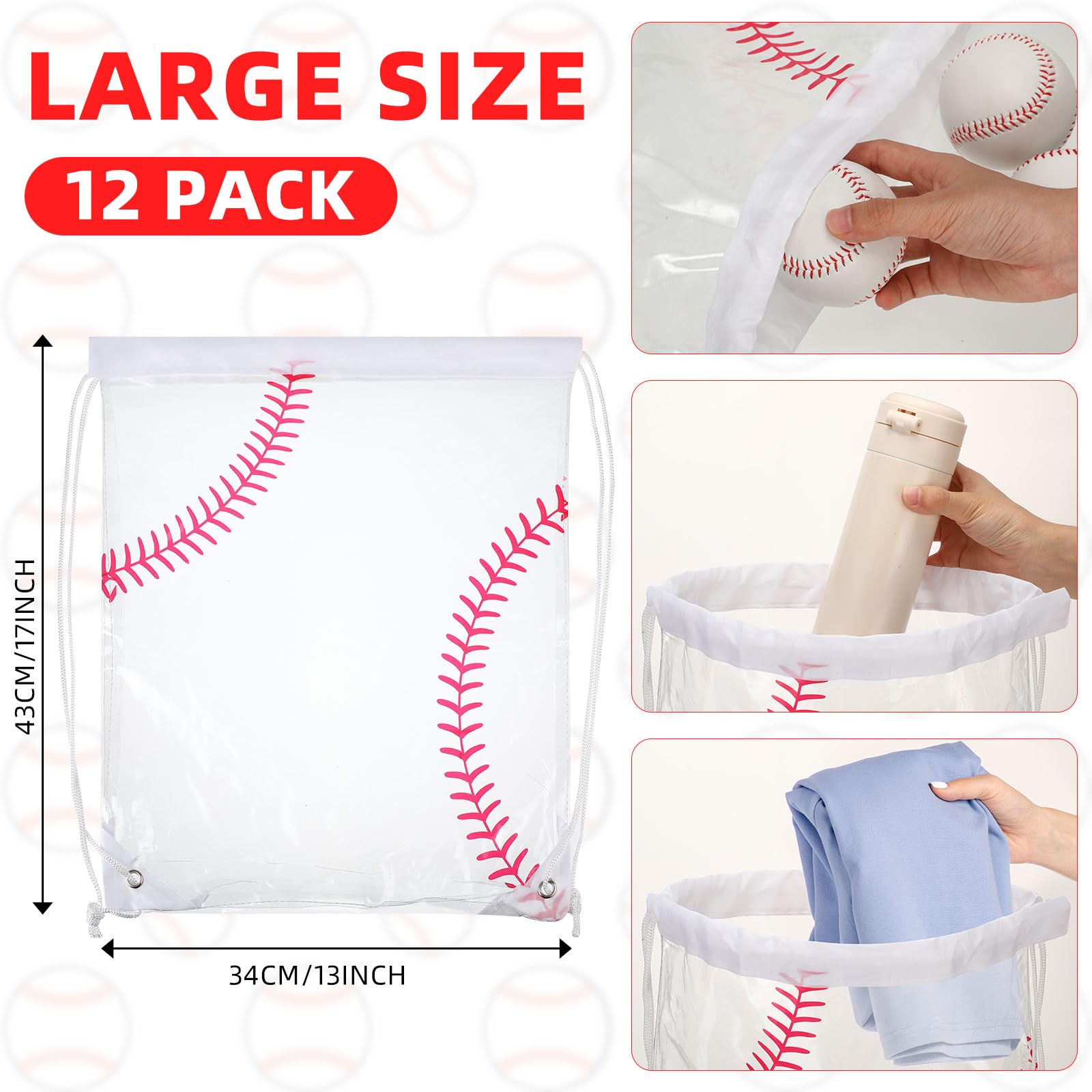 Cholemy 12 Pack Clear Plastic Drawstring Backpacks 17x13 Inch - Waterproof Baseball Gift Bags, Party Favors & Goodie Bags for Sports Events, Gym, Stadium Games & Team Celebrations - Perfect for Baseball Gifts, Team Snacks & Event Giveaways