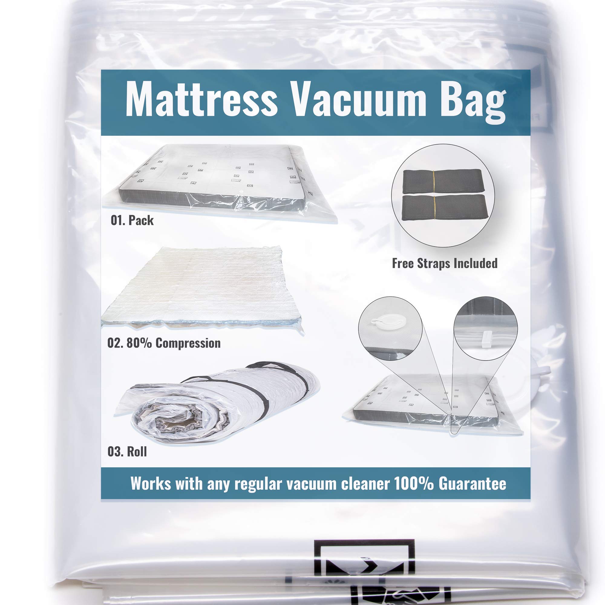Queen/Full/XL Mattress Vacuum Storage Bag - Compress Mattress to 1/8 Size for Moving | Heavy Duty Double Zipper & Leakproof Valve | Space Saving Storage Solution for Home, Dorm, or Travel