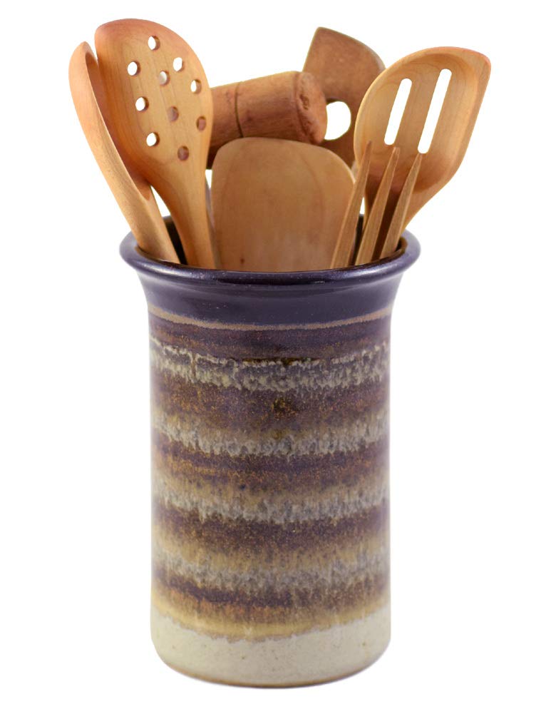 American Made Stoneware Pottery Utensil Holder Jar in Mocha Cream - Perfect for Kitchen Countertop Organization