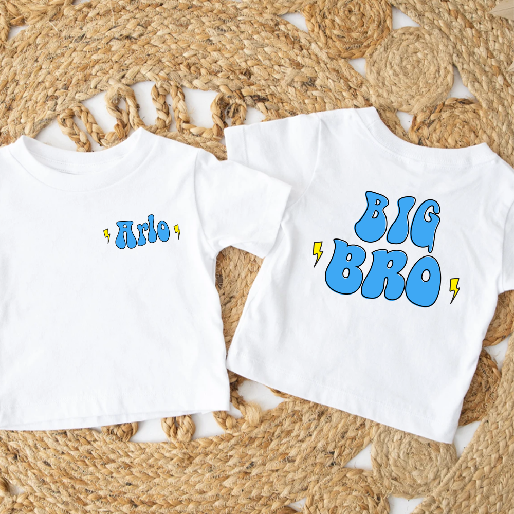 Custom Big & Lil Bro Sis Matching Kids White T-Shirts - Personalized Sibling Outfits for Family Photos & Special Occasions