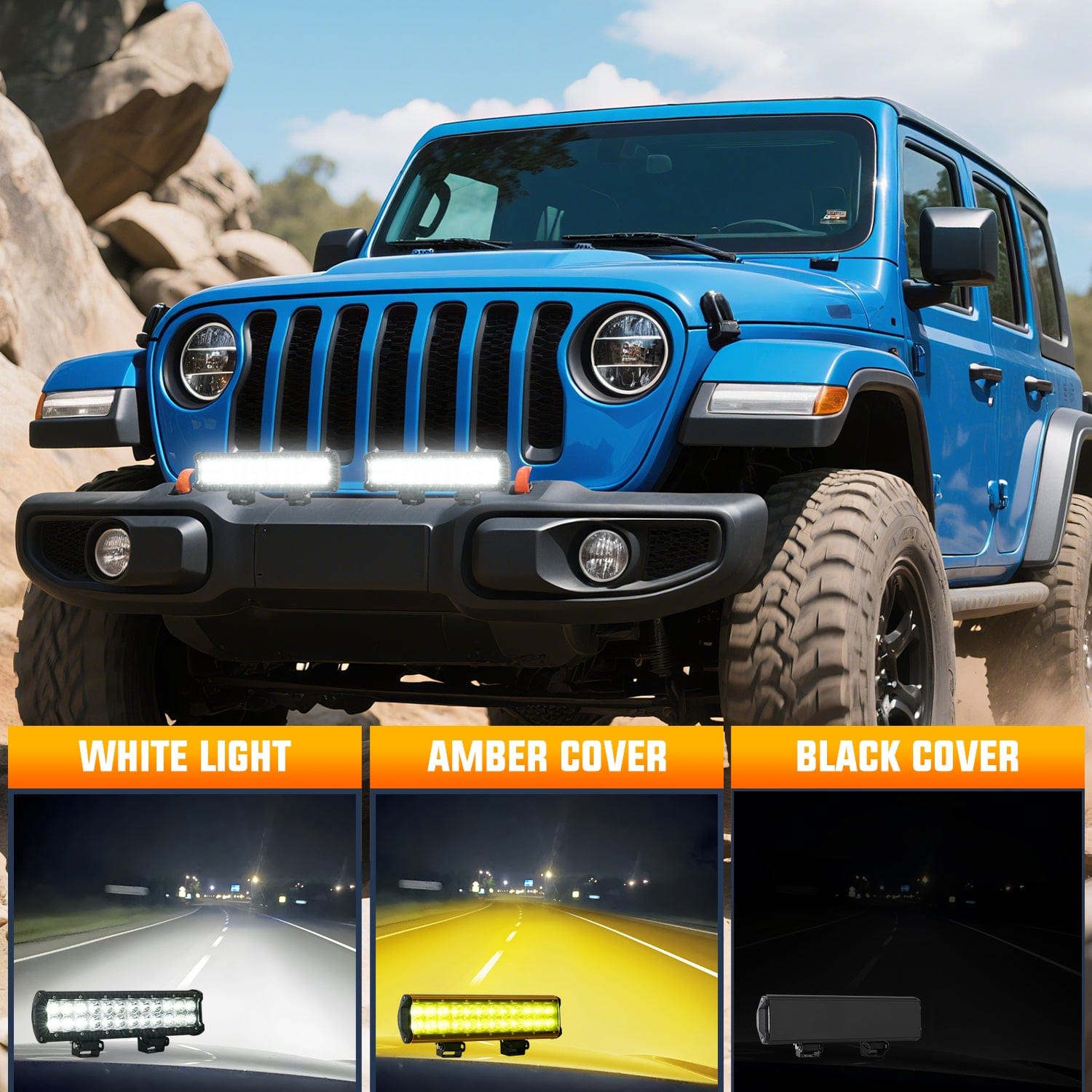 72W 5000LM 12 Inch Dual Row LED Light Bar with Amber/Black Covers - Spot Flood Combo for Off-Road Trucks, ATVs & UTVs (Pair) - Perfect for Night Driving, Camping & Outdoor Adventures
