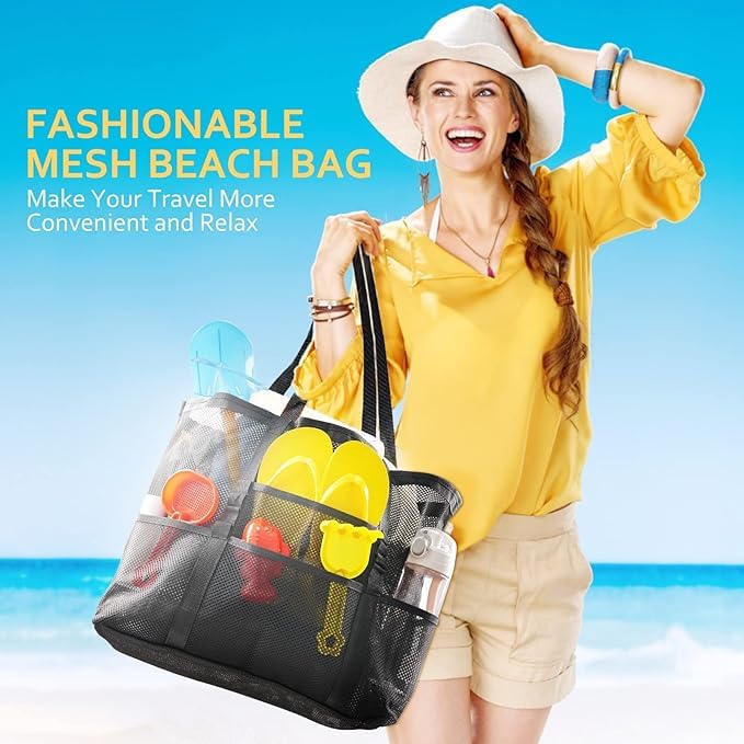 HirTa Gab Mesh Tote Hobo Beach Bag for Women - Sandproof, Durable with Multiple Pockets - Stylish Shopping & Pool Bag for Swimming, Travel & Daily Use - Mesh Black - Perfect for Beach Outings, Gym Visits and Summer Vacations