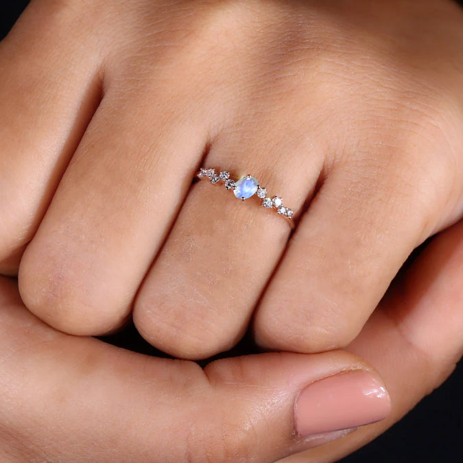 Handmade White Rainbow Moonstone Ring with Small Round Zircon Accents - Elegant Boho Jewelry for Women, Perfect for Weddings, Parties & Everyday Wear