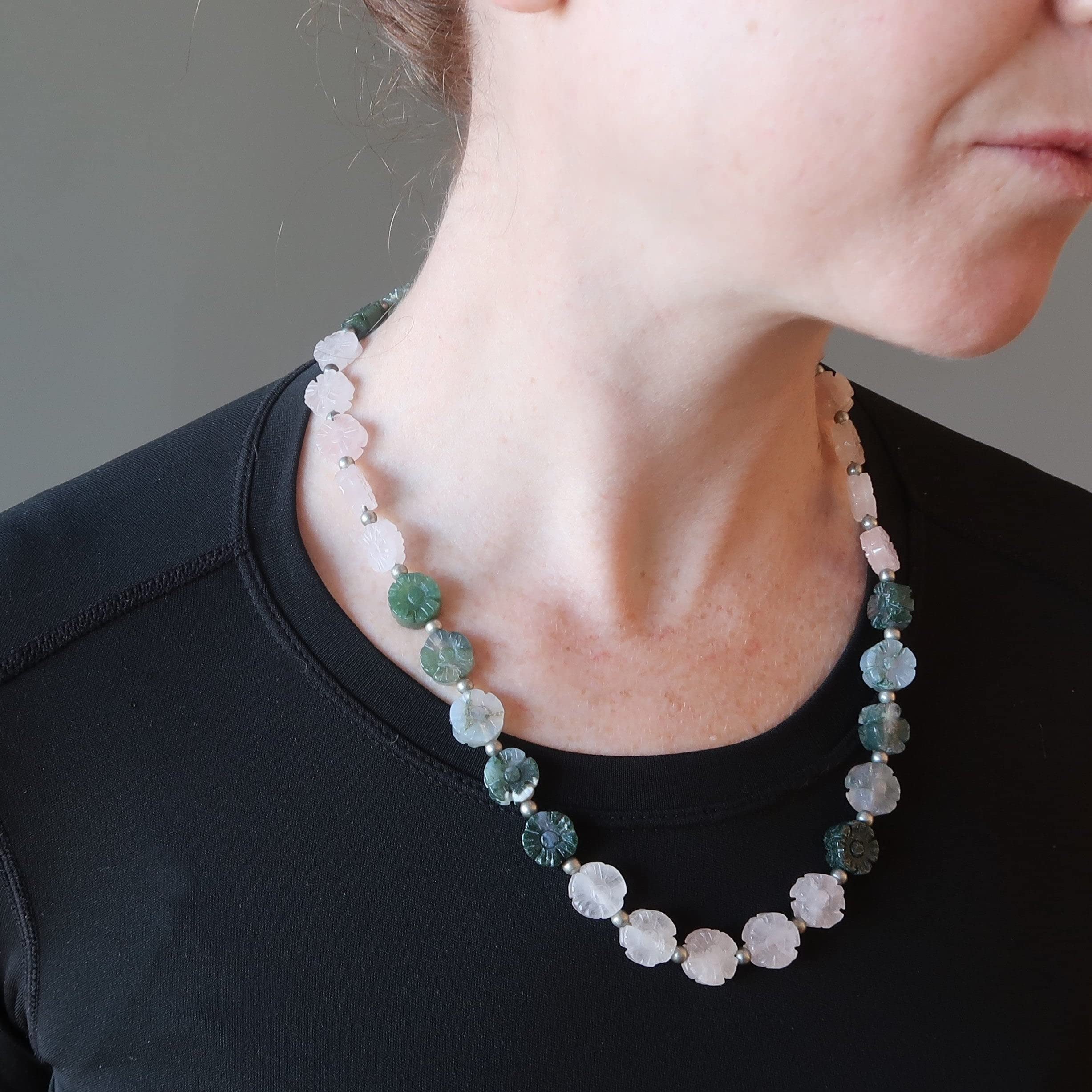 Satin Crystals Rose Quartz Moss Agate Necklace - Floral Gemstone Jewelry for Women, Healing Crystal Pendant for Spring & Summer Outfits | Perfect for Weddings, Dates & Boho Fashion