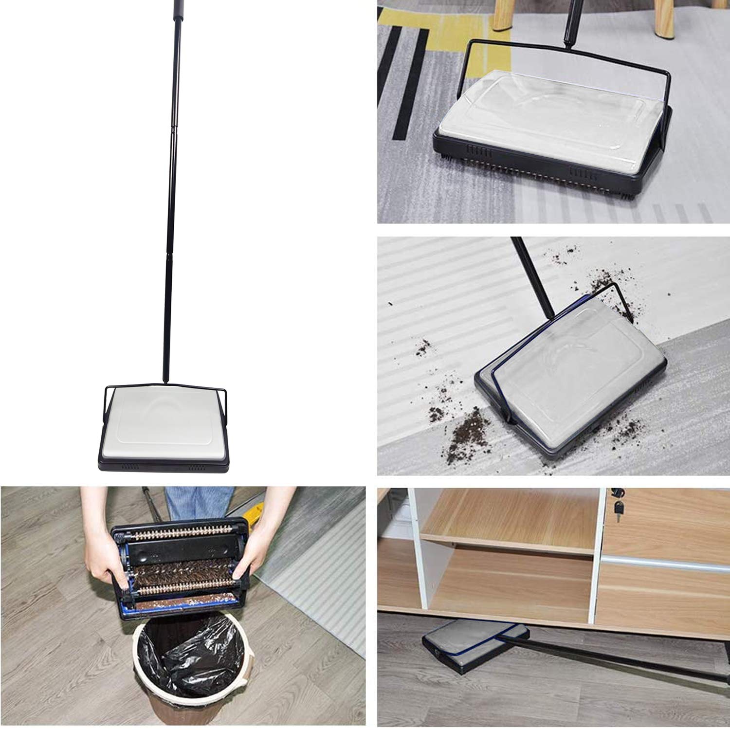 EZ SPARES Quiet Carpet Sweeper with Pig-Bristles - Strong Roller Brush for Home & Office Cleaning