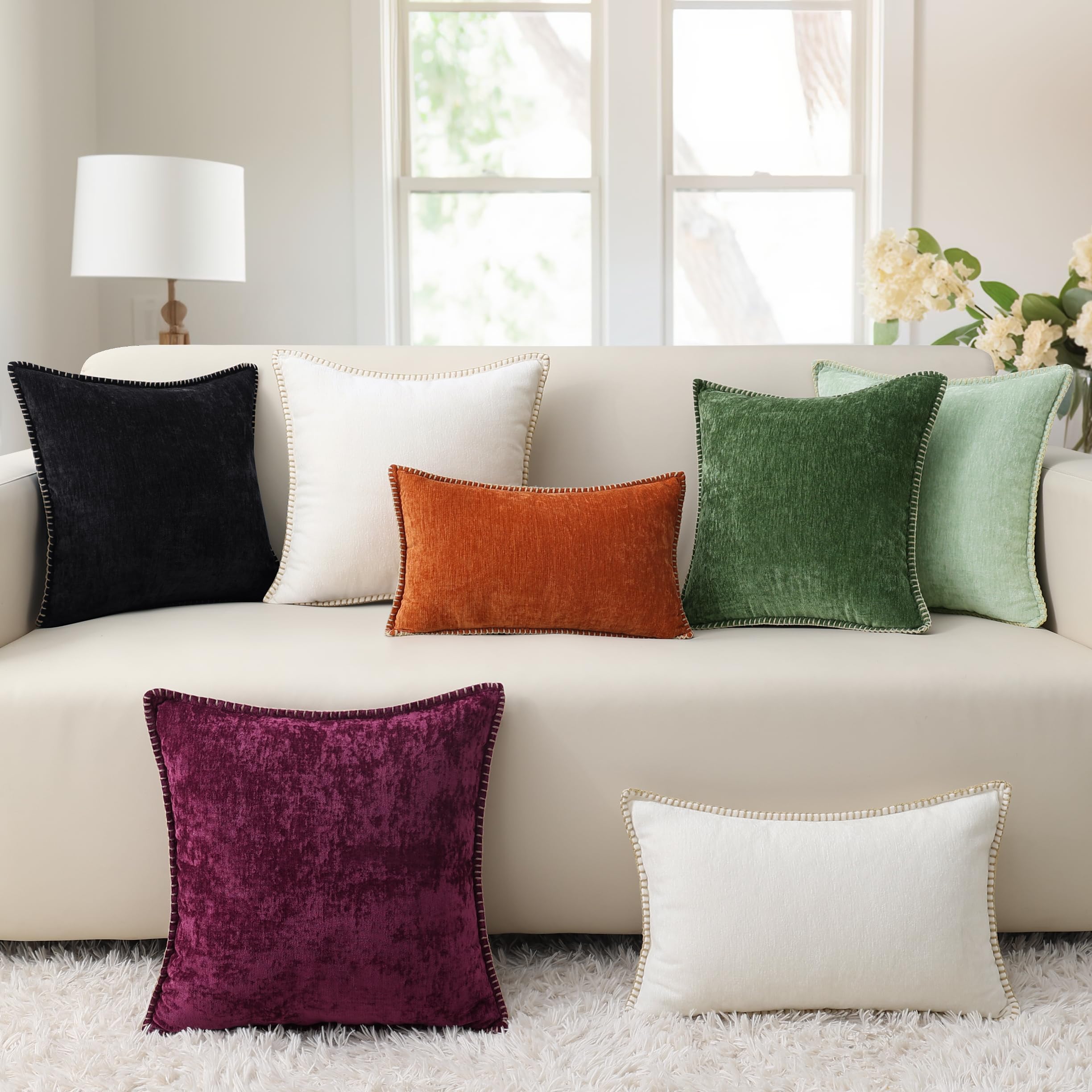 Chenille Soft Throw Pillow Covers 22x22 Set of 2 - Farmhouse Velvet Decorative Couch Pillow Covers with Stitched Edge for Sofa, Bed & Home Decor - Black | Perfect for Living Room, Bedroom & Cozy Home Styling