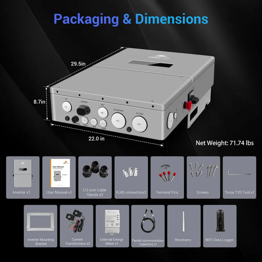 11.4KW Hybrid Solar Inverter with APS Transmitter - Split Phase High Voltage Power Converter for Home & RV Off-Grid Systems | Compatible with Solar Panels & Battery Backup