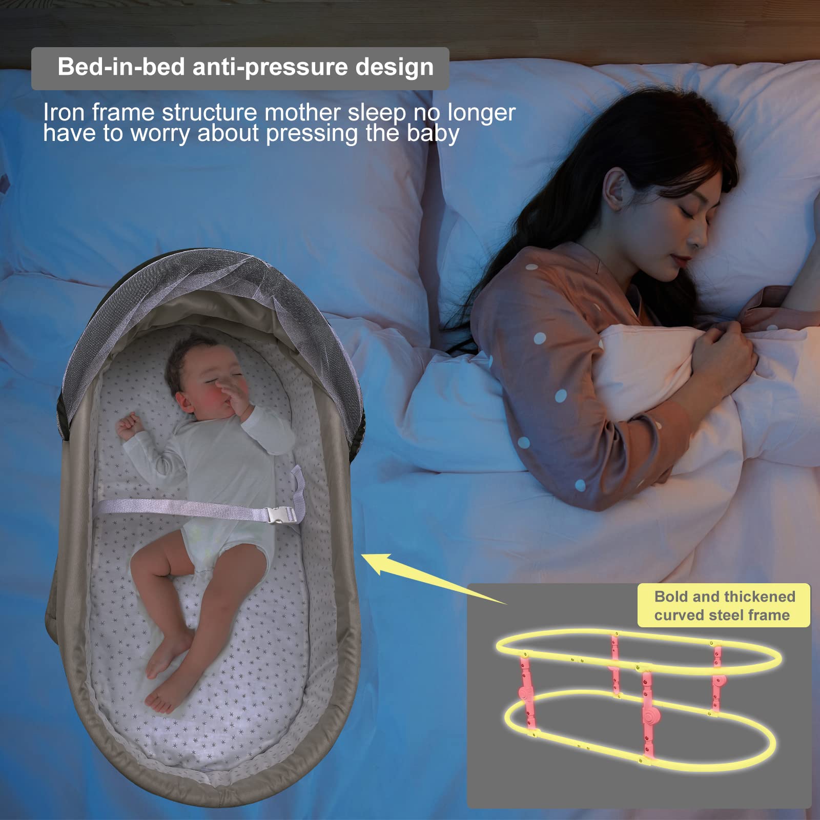 Holy Cat Portable Travel Bassinet - Foldable Baby Crib with Mosquito Net & Canopy, Lightweight & Washable for Infants (Light Grey) | Perfect for Travel, Co-Sleeping & Nursery