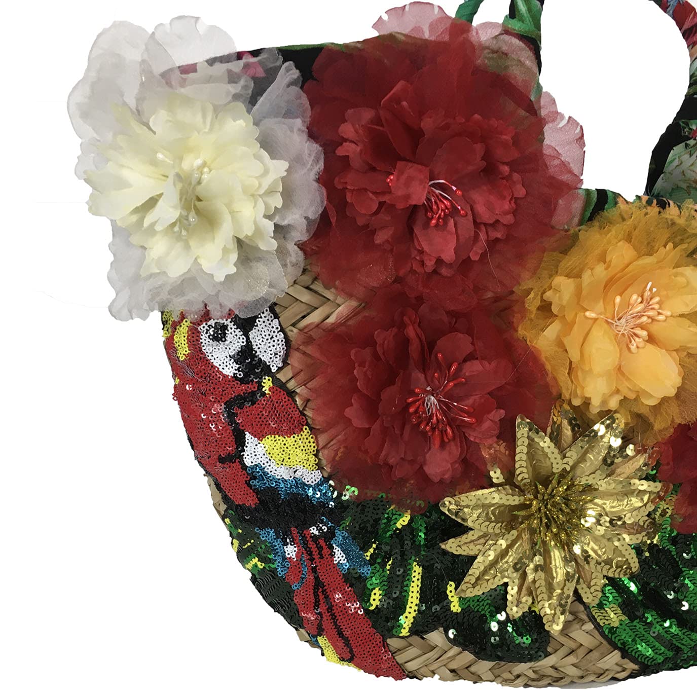 Alex Max Parrot Flowers Embellished Straw Tote Beach Bag - Colorful Woven Handbag for Women, Summer Vacation, Pool Party & Picnic Accessories