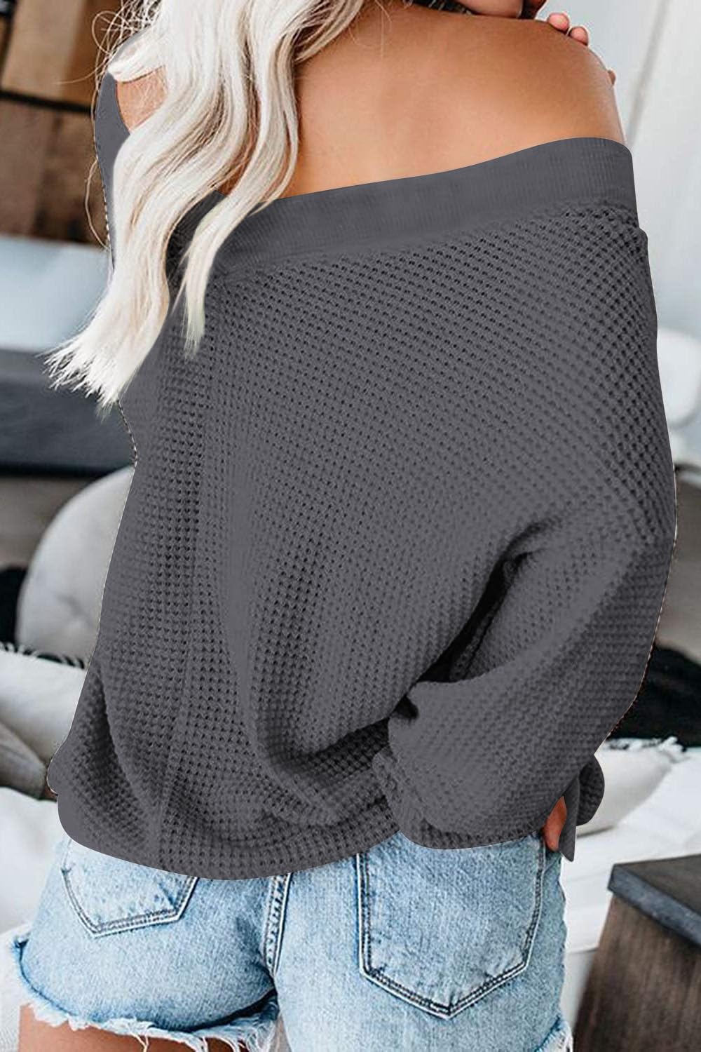 ReachMe Women's Oversized Off The Shoulder Long Sleeve Waffle Knit Sweater Top - Casual Loose Drop Shoulder Shirt for Fall, Winter, Date Night & Streetwear Fashion