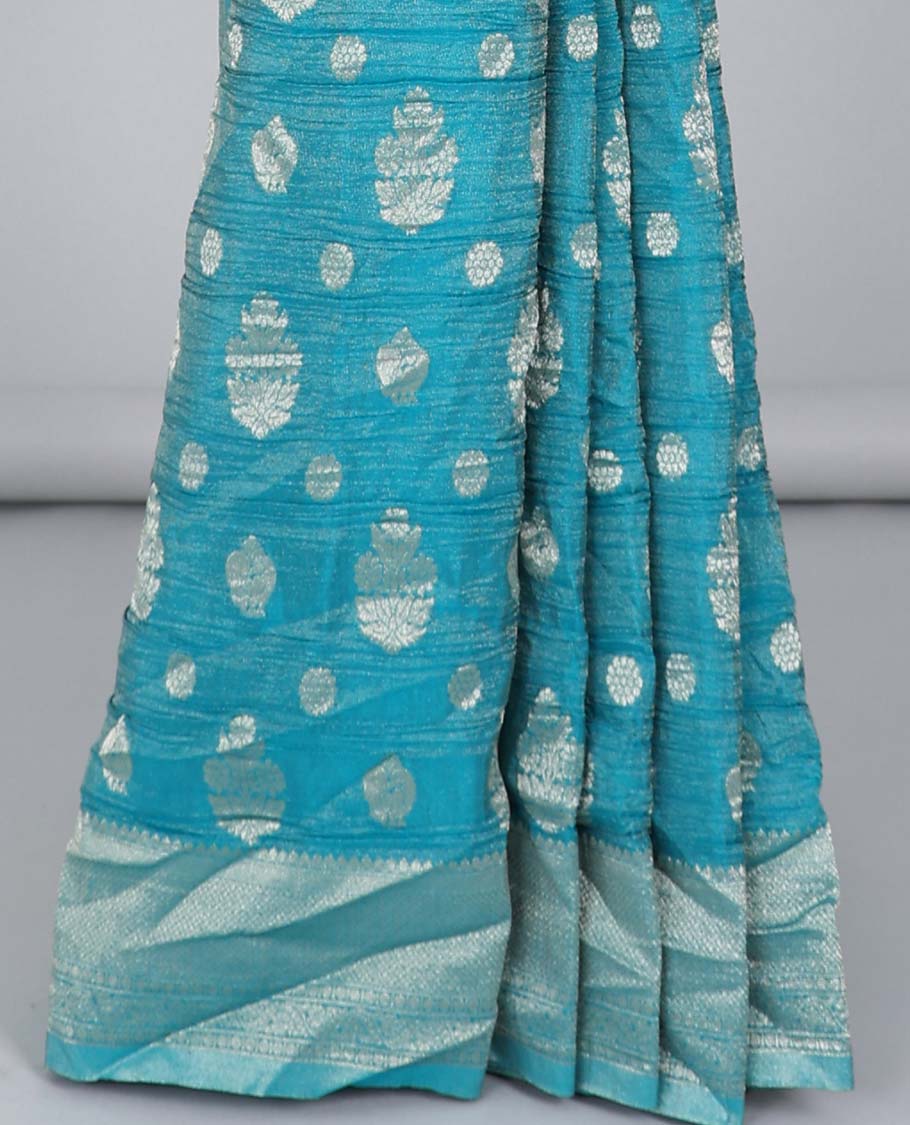 Blue Crushed Tissue Saree with Buttas - Traditional Design Border & Jaal Pallu for Weddings, Festivals & Special Occasions
