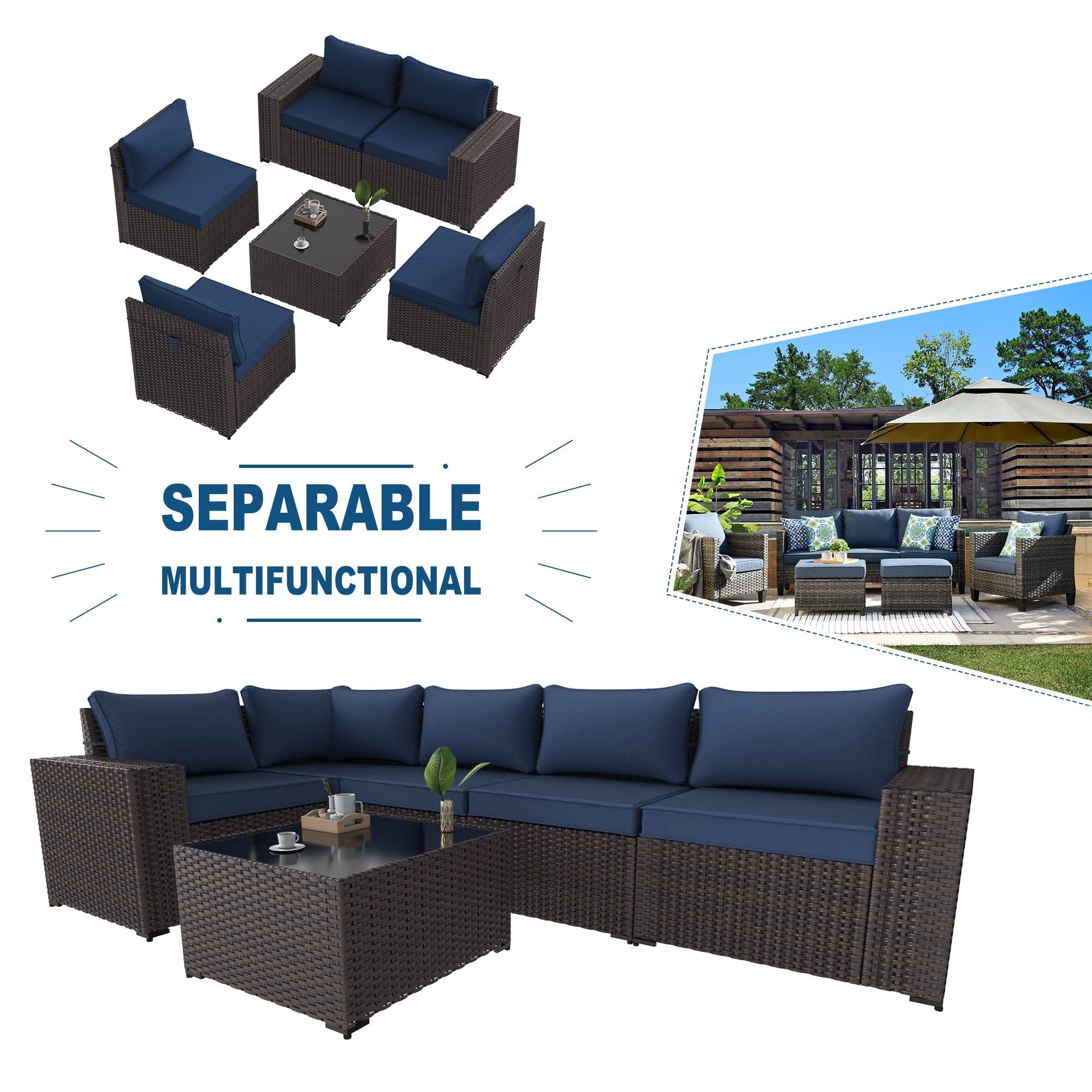 6-Piece Outdoor Patio Furniture Set - PE Wicker Rattan Sectional Sofa Conversation Set in Navy Blue for Garden, Poolside & Backyard Relaxation