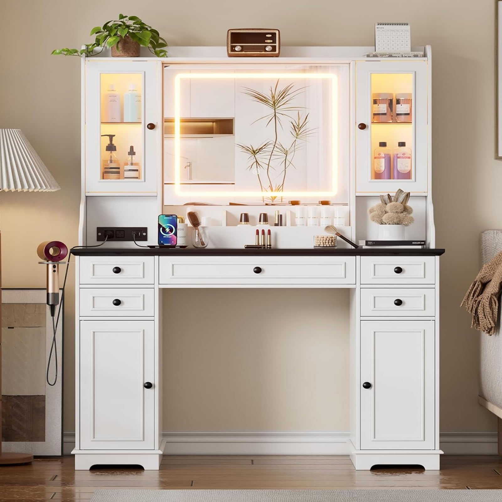 PAKASEPT Vanity Desk with Mirror and LED Lights - Makeup Vanity Set with 3 Lighting Modes, USB Charging Station, 5 Drawers & 4 Cabinets - Farmhouse Style Dressing Table for Women, Girls, Teens - Perfect for Bedroom, Dorm Room, and Beauty Salon Decor