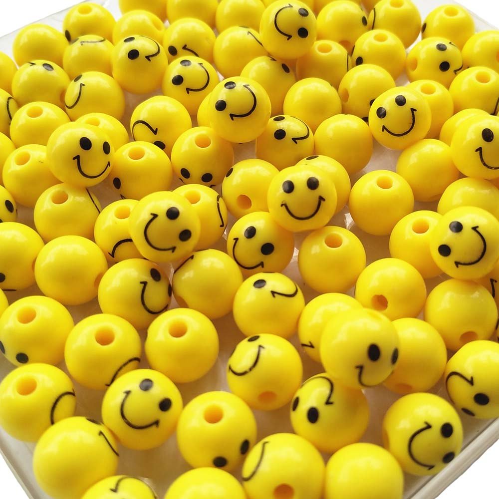 50pcs Yellow Smile Face Acrylic Beads for DIY Jewelry Making - 10mm Cute Charms for Hairbands, Bracelets & Necklaces - Perfect for Crafting, Party Favors and Gift Decorations