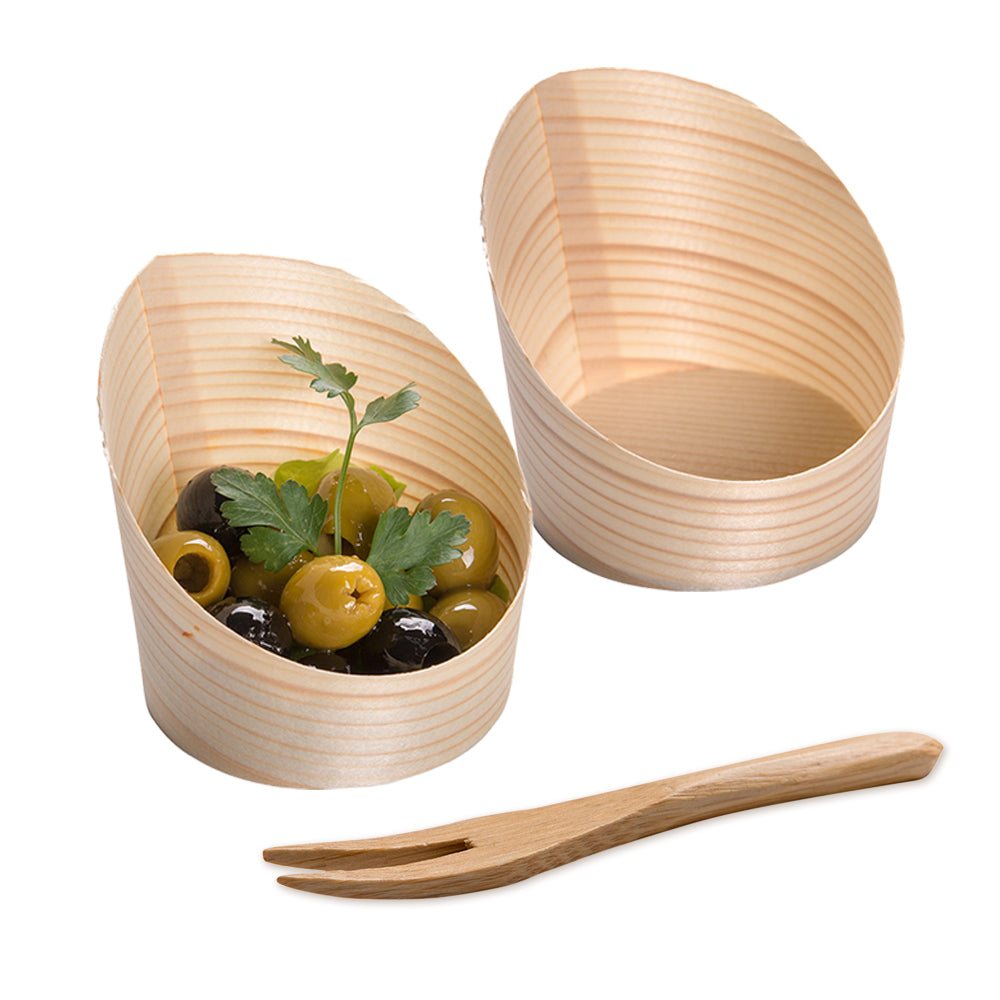 100 Pack 4 oz Natural Wood Mini Incline Cups & 100 Pack 3.5