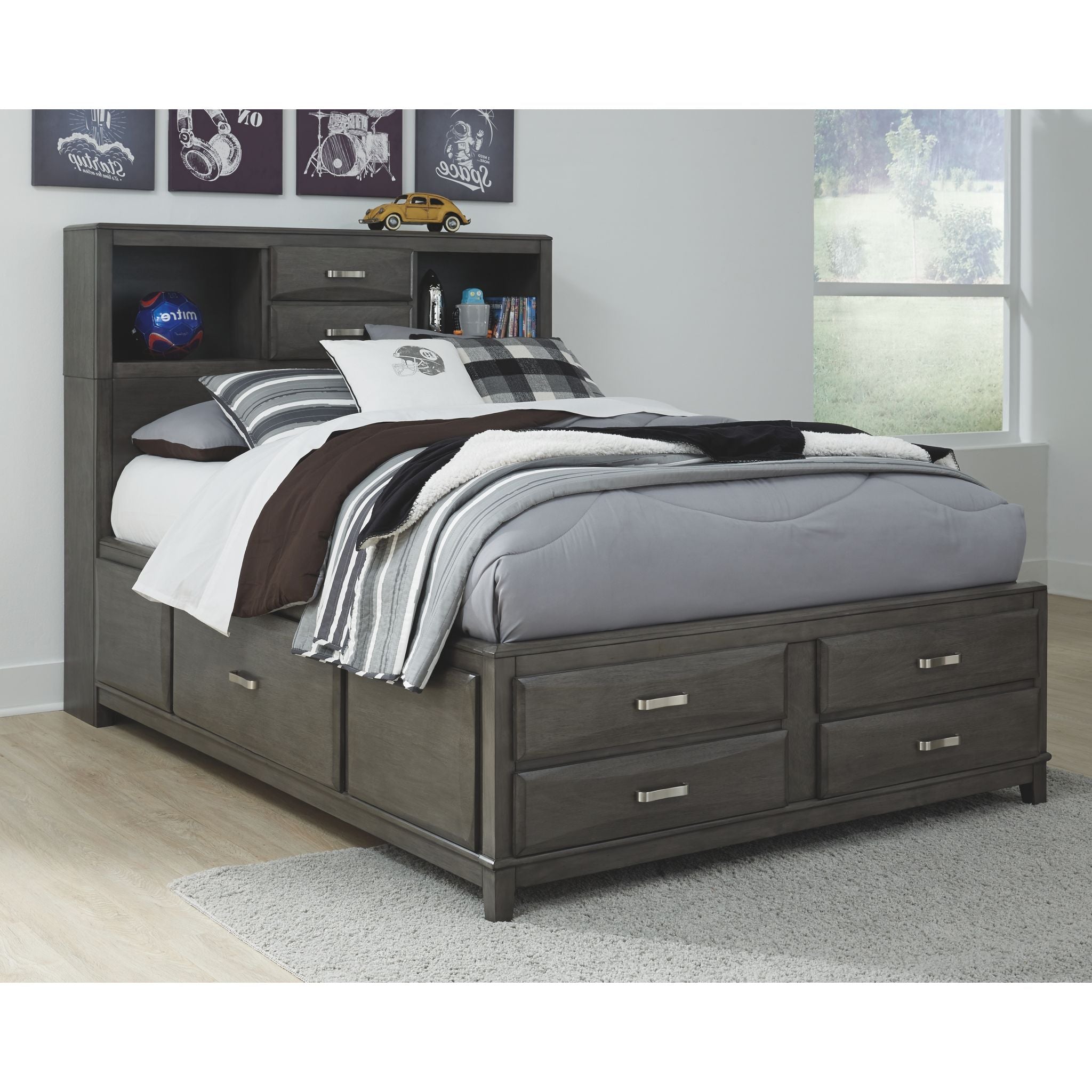 Caitbrook Full Bookcase Storage Bed in Gray - Space-Saving Bed Frame with Built-In Shelves for Small Bedrooms, Dorms & Apartments
