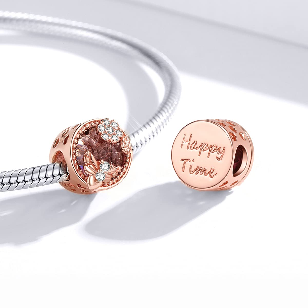 925 Sterling Silver Autumn Rose Pink Crystal & CZ Heart Charm Beads with Birthstone - Compatible with Pandora Bracelets - Perfect for Gifts, Birthdays & Jewelry Making