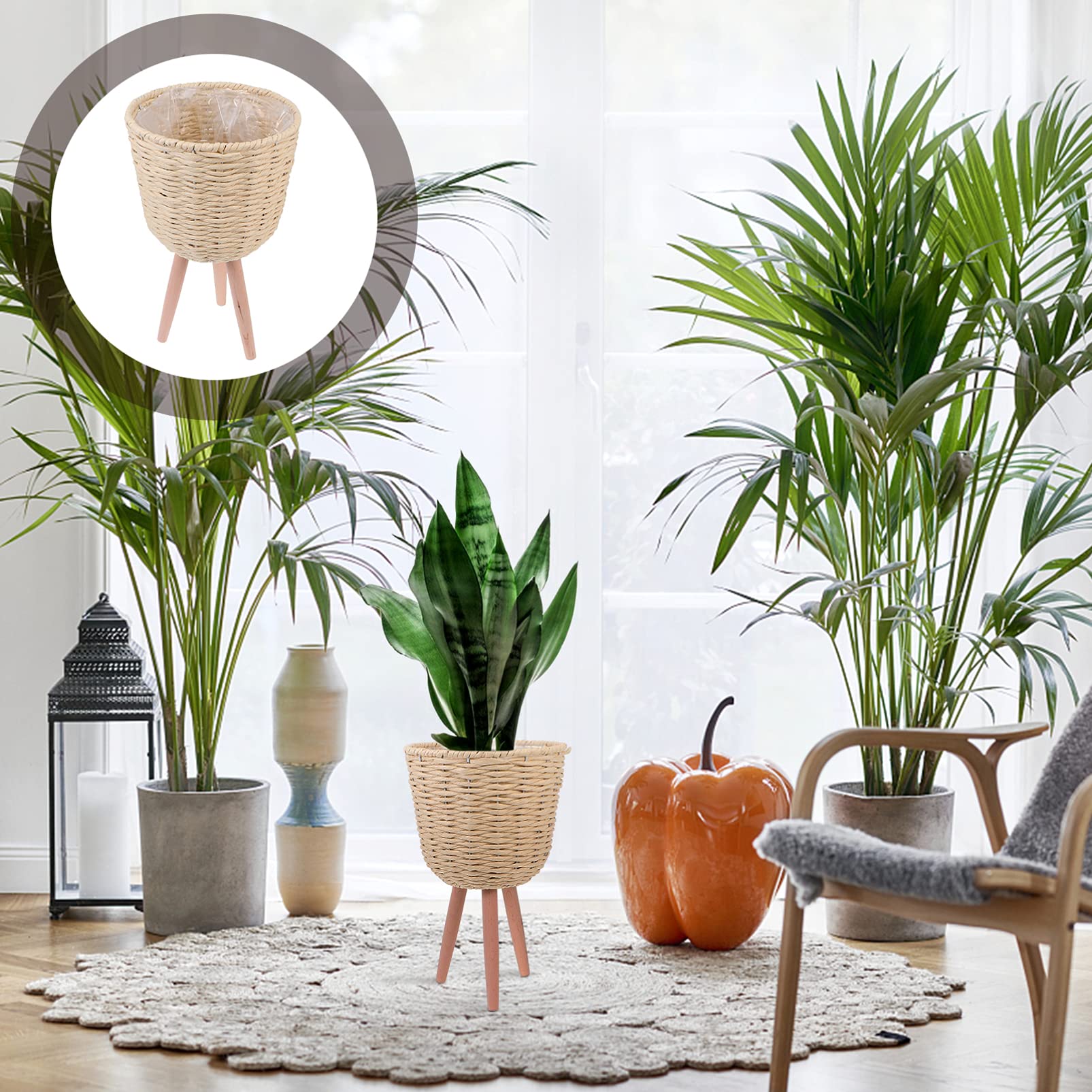 DOITOOL Modern Woven Rattan Plant Basket with Stand - Handmade Decorative Wicker Flower Pot Holder for Indoor & Outdoor Plants | Perfect for Living Room, Patio, Garden Decor