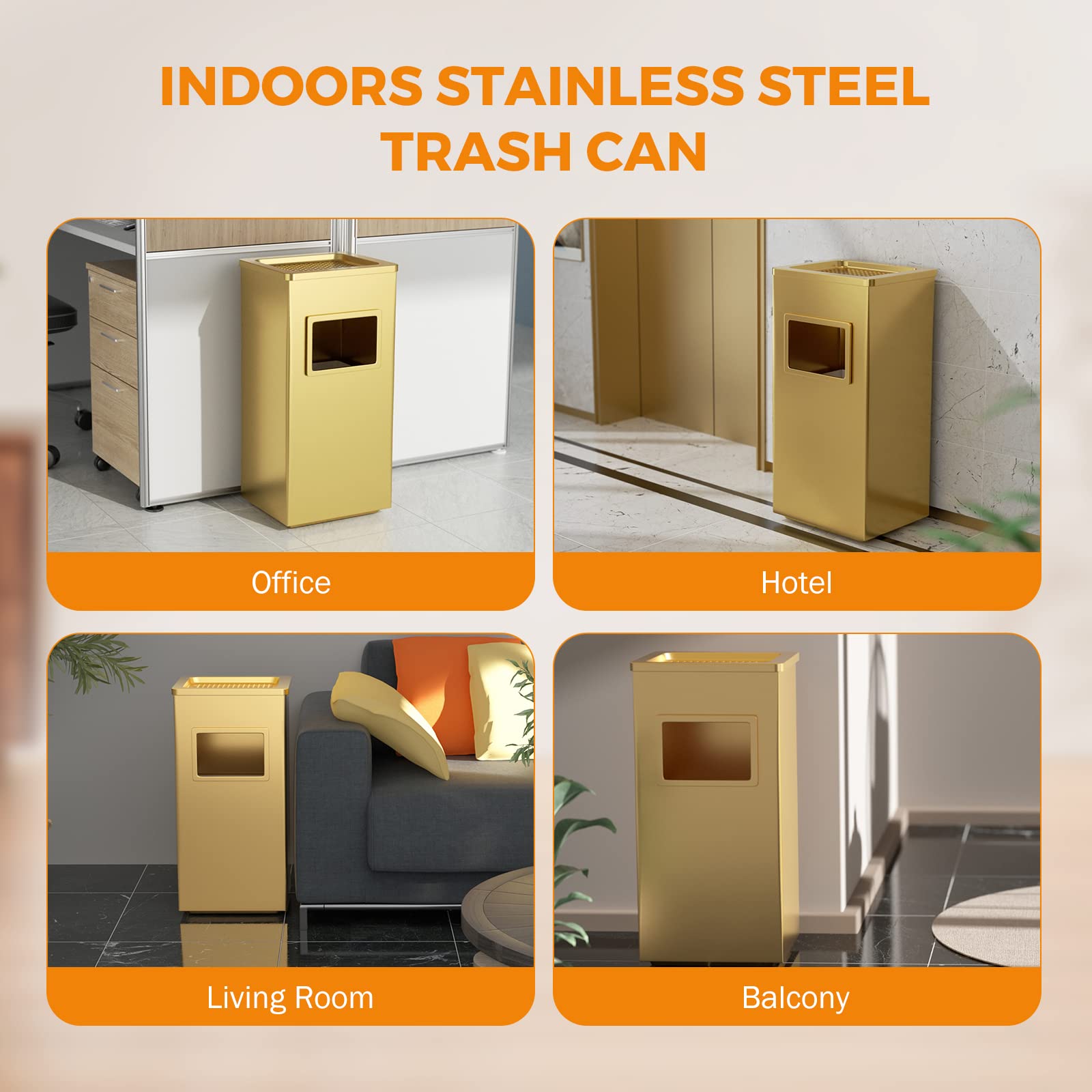 BEAMNOVA 12.2 x 9.8 x 24 Inch Stainless Steel Trash Can with Lid - Commercial & Industrial Garbage Bin for Indoor/Outdoor Use - Black & Gold Waste Container - Perfect for Kitchen, Office, Restaurant, and Public Spaces