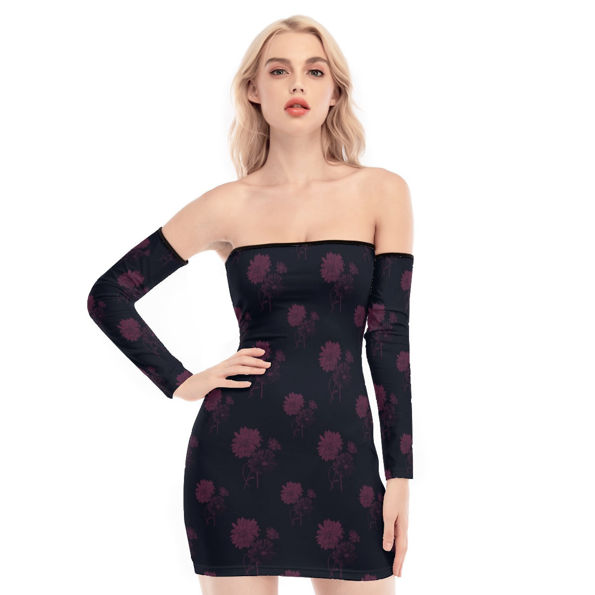 Elegant Dark Purple Floral Off Shoulder Back Lace Up Dress for Women - Perfect for Evening Parties, Weddings & Date Nights