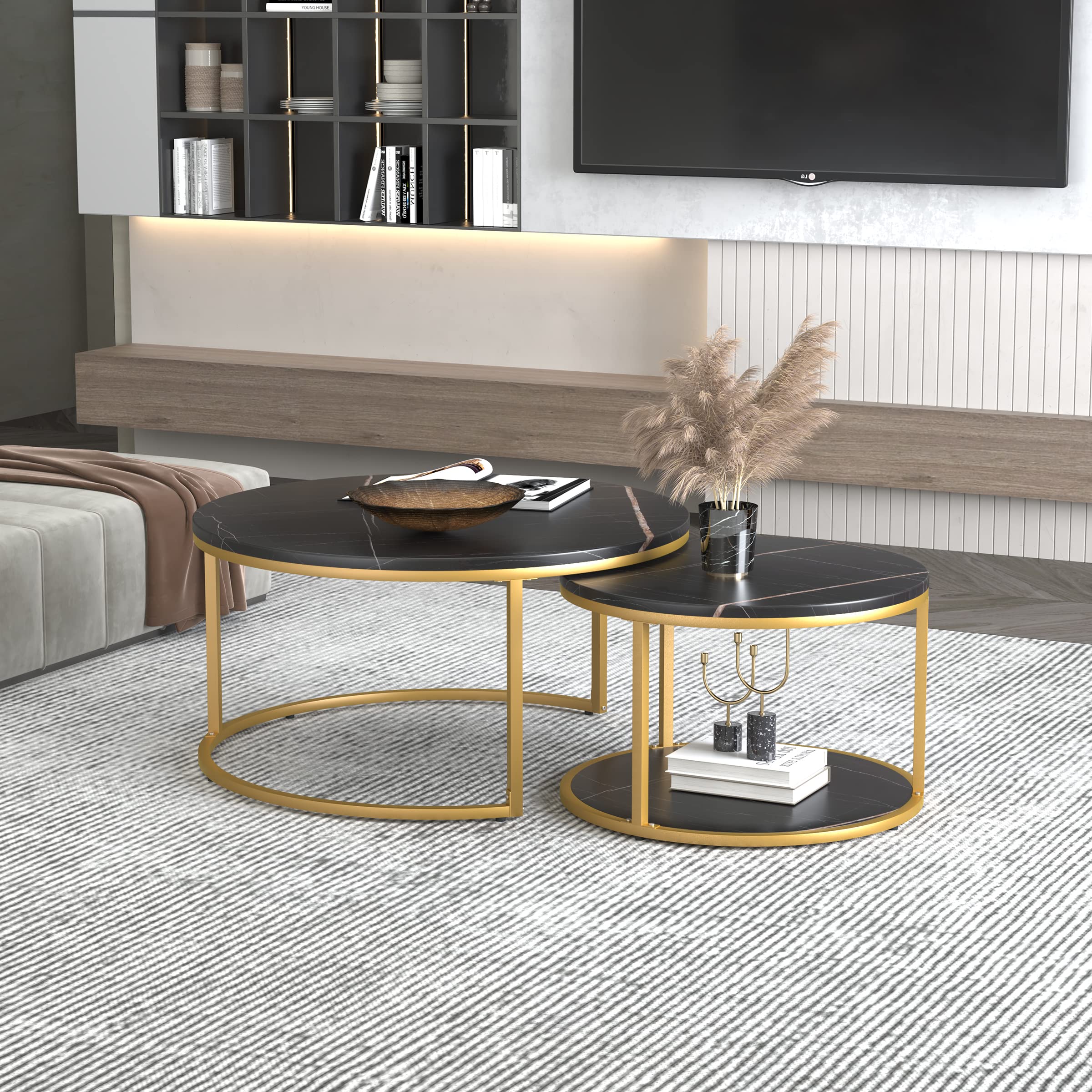 Modern Round Nesting Coffee Table Set of 2 - 34 Inch Wooden Circle Accent Tables with Gold Metal Frame for Living Room, Balcony & Office - Easy Assembly Black & Black - Perfect for Small Spaces, Home Decor & Coffee Time