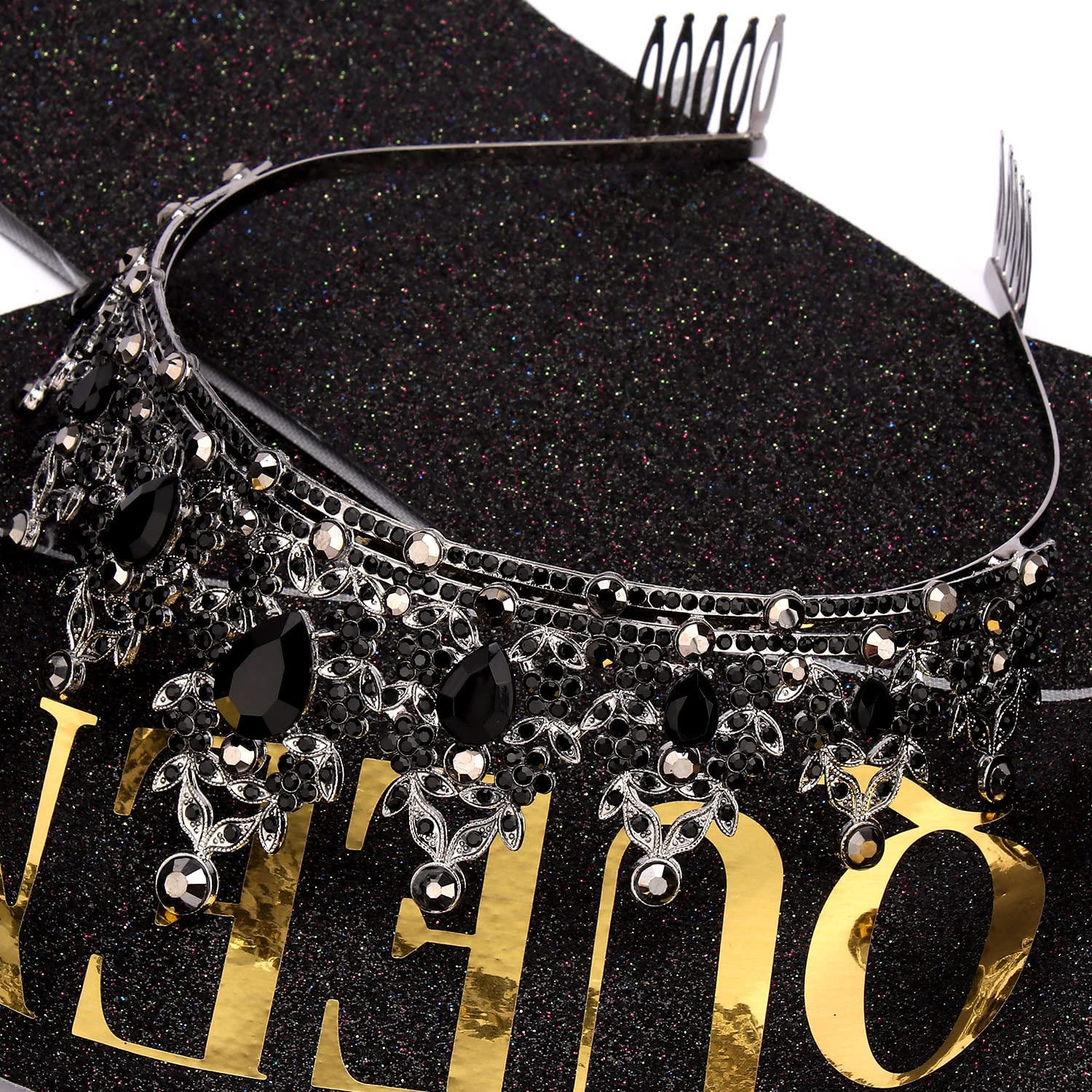 Birthday Queen Sash & Crystal Tiara Set - Sparkling Rhinestone Crown with Comb & Glitter Satin Sash with Pin - Perfect for Birthday Parties, Bachelorette, Pageants & Special Occasions