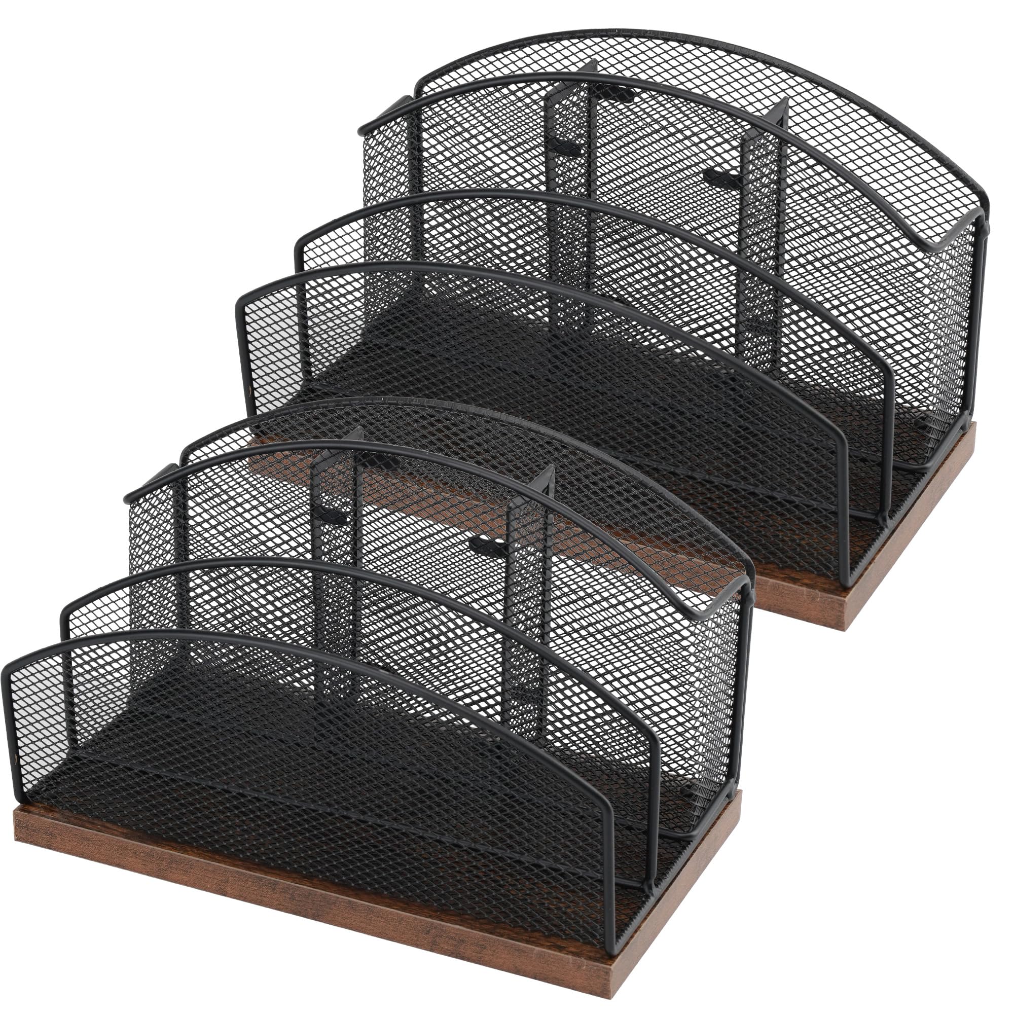 Black Wooden Mail & Letter Organizer with 5 Slots & Pencil Holders - Metal Mesh Desktop File Rack for Letters, Postcards, Bills, Stationery (2 Pack) - Perfect for Home Office, School & Workspace Organization