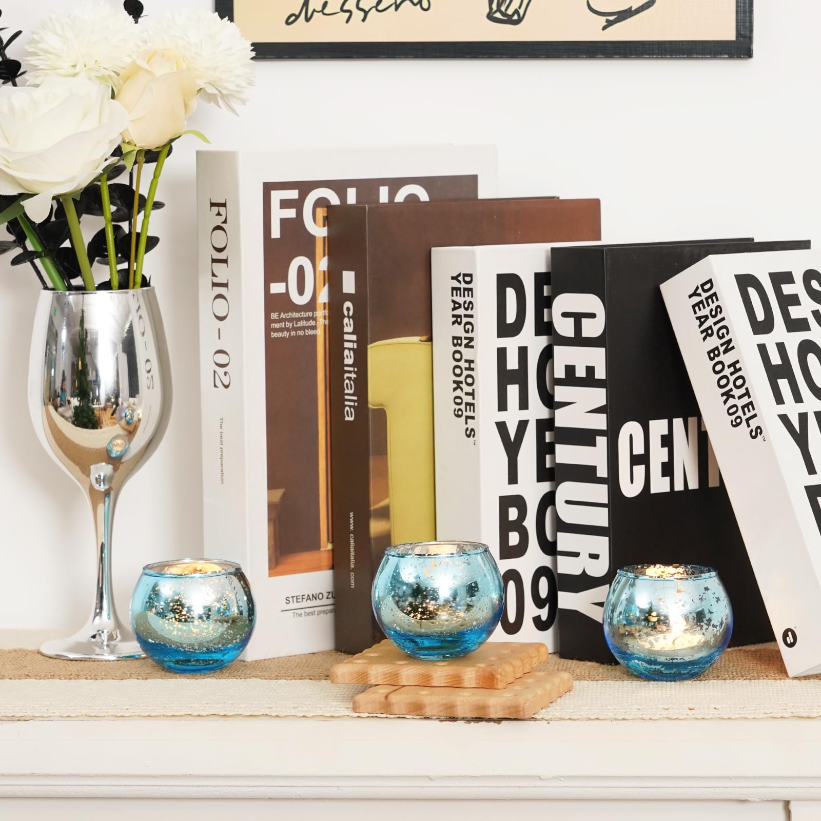 Homemory 12-Piece Blue Votive Candle Holders Set - Round Mercury Glass Tealight Holders for Table Centerpieces, Weddings, Baby Showers & Home Decor | Perfect for Halloween, Christmas & Anniversary Celebrations | Elegant Candle Display for Dining Tables, Mantels & Party Decorations