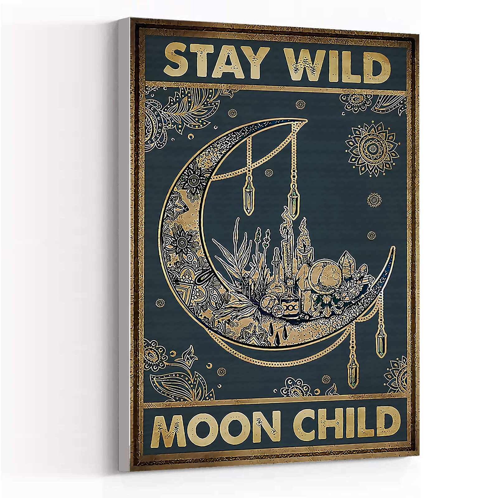 Boho Cactus Wall Art - 8x12 Inch Framed Canvas Print for Office, Kitchen, Yoga Room & Bathroom Decor - Vintage Stay Wild Moon Child Poster - Perfect for Beach House, Boho Home & Meditation Spaces