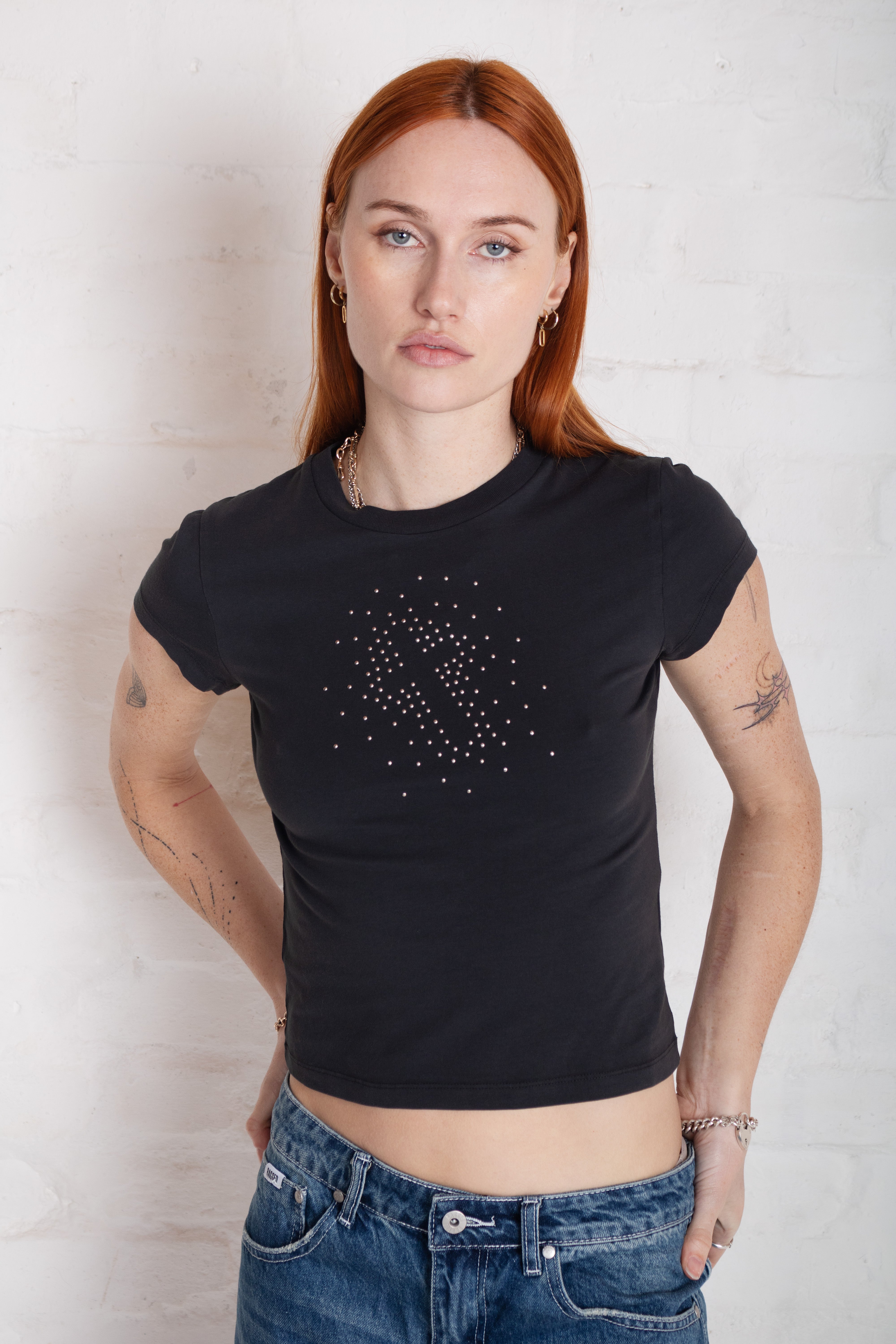 Cross My Heart Stud Baby Tee - Trendy Women's Graphic Crop Top for Casual Wear & Street Style Fashion | Perfect for Parties, Dates, and Everyday Outfits