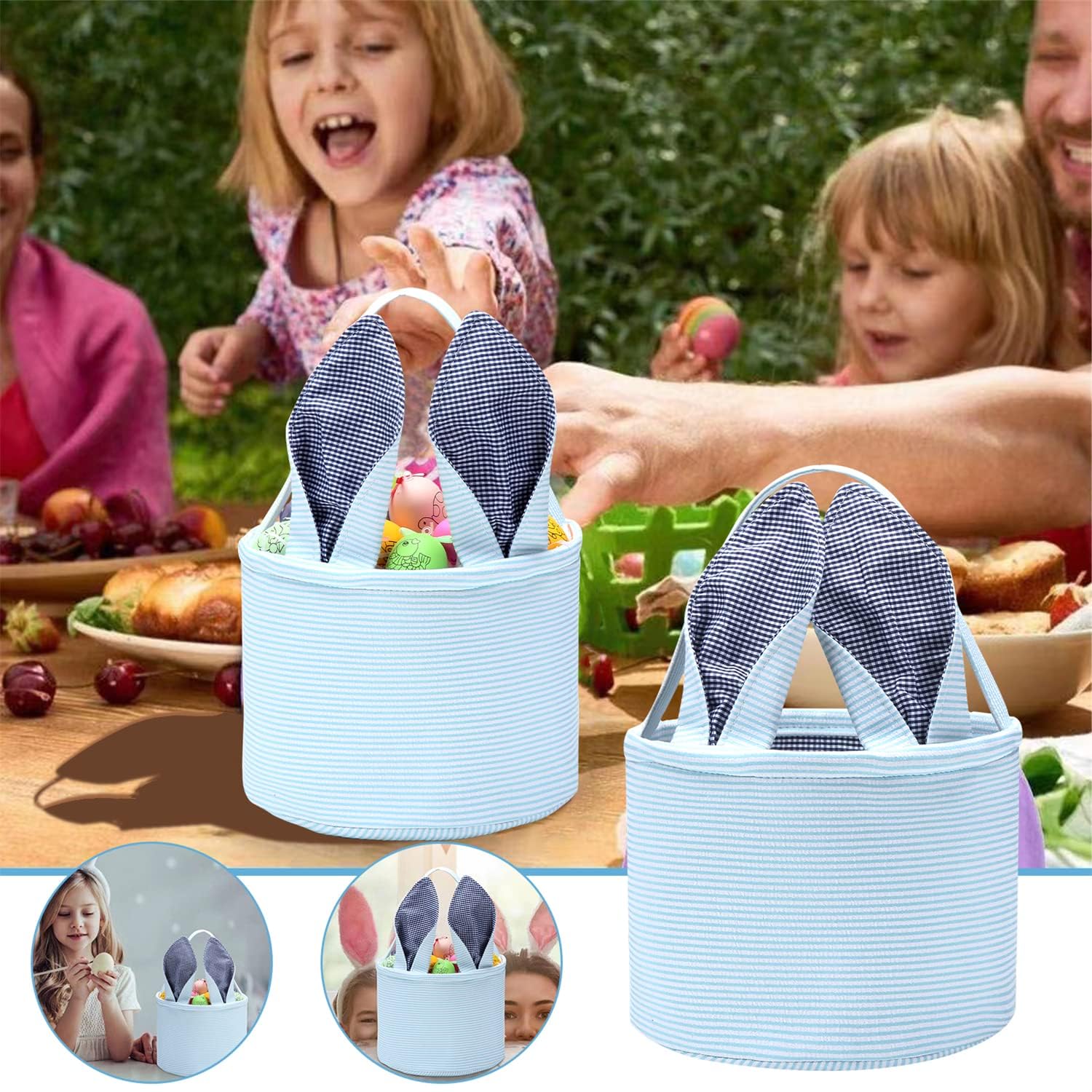 Easter Basket Set - Bunny Themed Egg Hunting Basket with Seersucker Lining for Candy & Gifts - Personalized Easter Egg Collection Bags for Kids & Family - Perfect for Easter Egg Hunts, Party Favors & Spring Celebrations