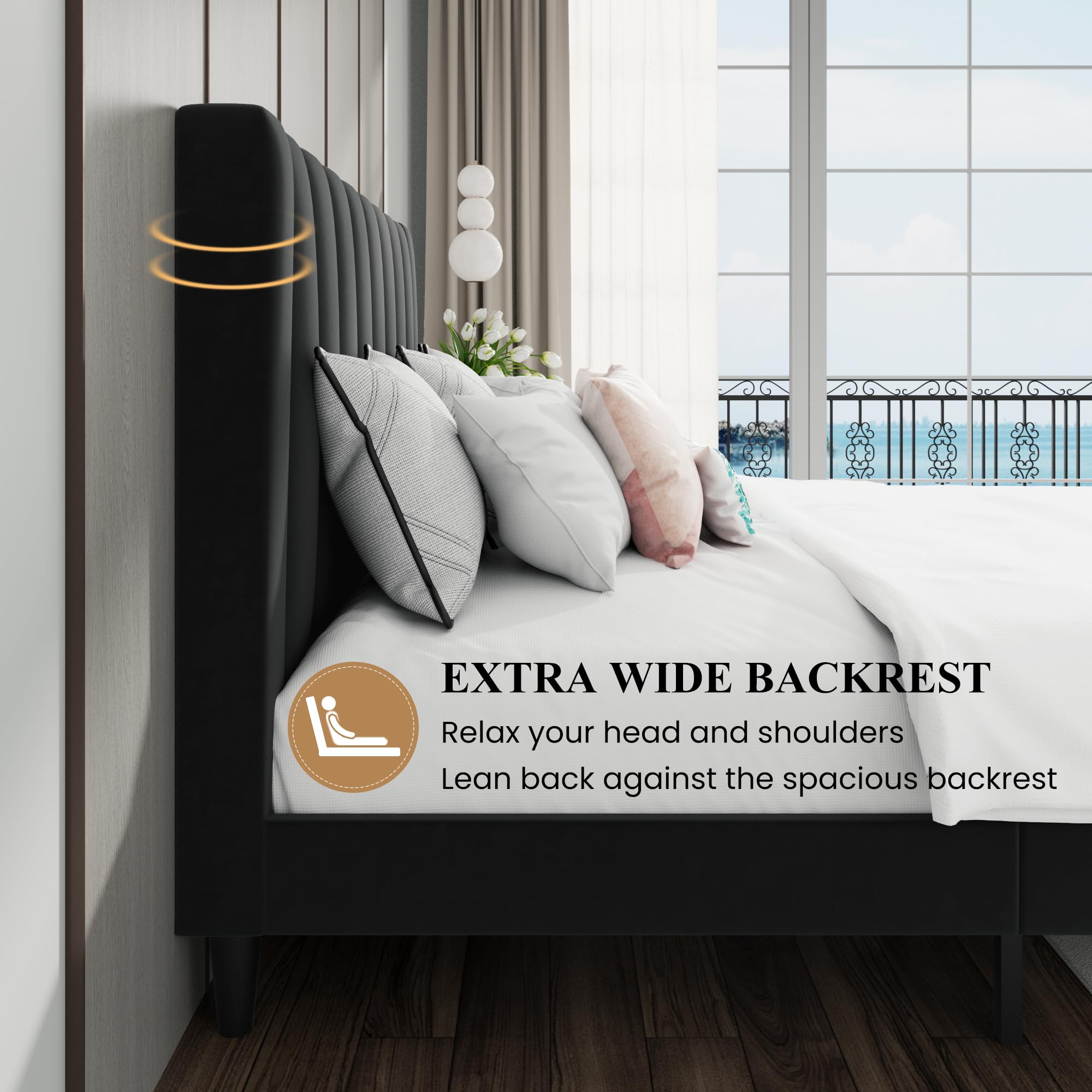 SHA CERLIN Full Size Bed Frame - Velvet Upholstered Platform Bed with Headboard & Wood Slat Support | No Box Spring Needed | Modern Bedroom Furniture for Small Spaces & Guest Rooms (Black)
