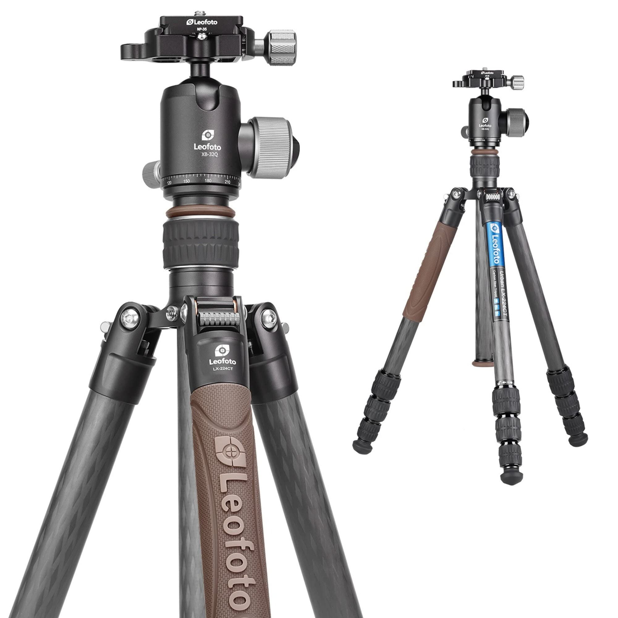 Leofoto LX-224CT+XB-32Q Carbon Fiber Travel Tripod with Ball Head - Lightweight 4-Section Portable Tripod for Photography, Hiking & Travel - Reversible Leg & Center Column Design