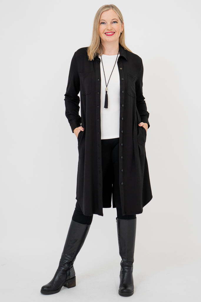 Lois Duster Coat - Black Bamboo Fabric - Stylish Outerwear for Women - Perfect for Fall Fashion & Casual Outings