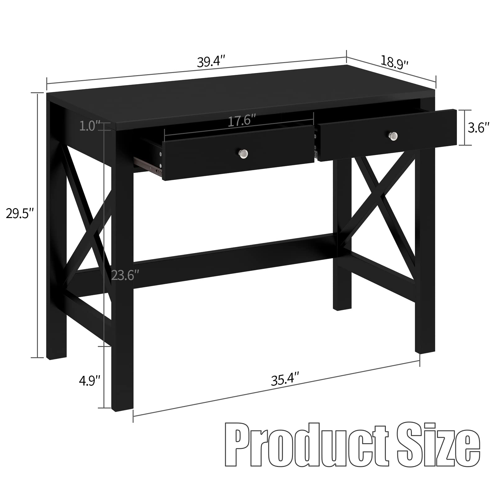 Modern Black Home Office Desk with Drawers - Writing Computer Desk & Makeup Vanity Table - Perfect for Small Spaces, Remote Work & Beauty Routines