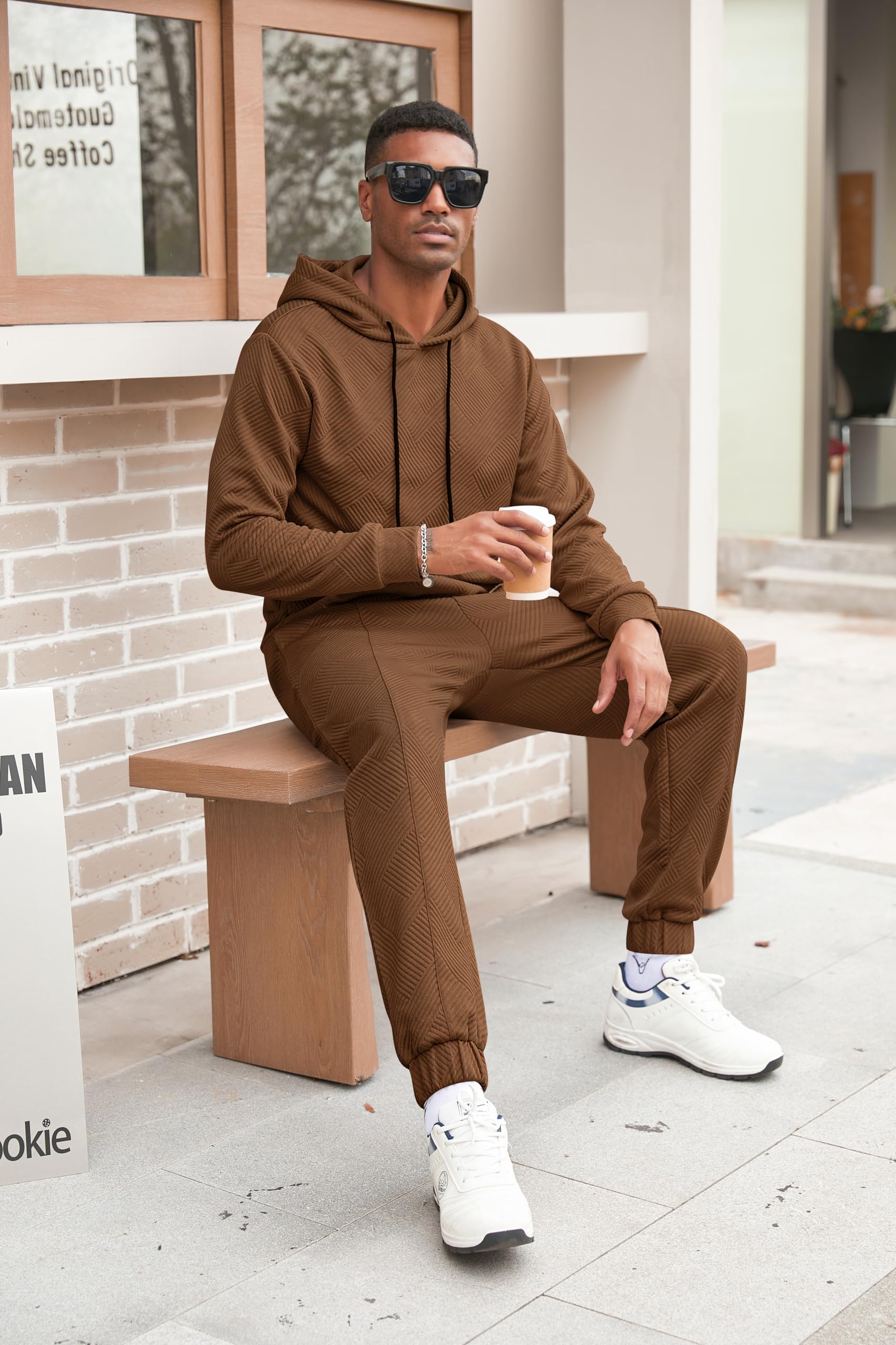 Babioboa Men's 2-Piece Jacquard Sweatsuit Set - Hooded Sweatshirt & Jogger Pants Outfit for Casual Wear, Gym, and Street Style Fashion