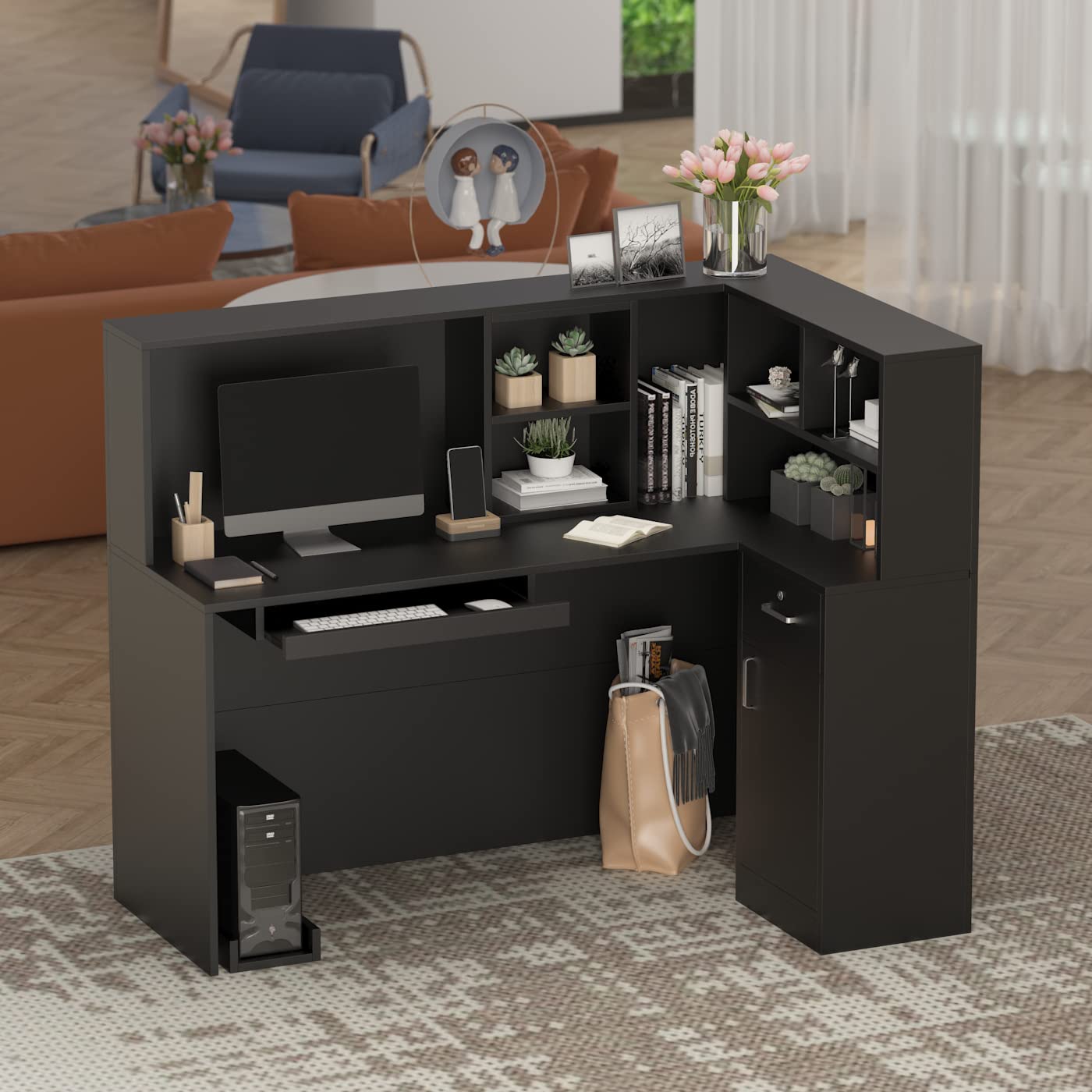 Modern Reception Counter with Large Storage Shelves & Drawers - Black | Retail Front Desk for Office, Hotel, or Clinic Reception Area