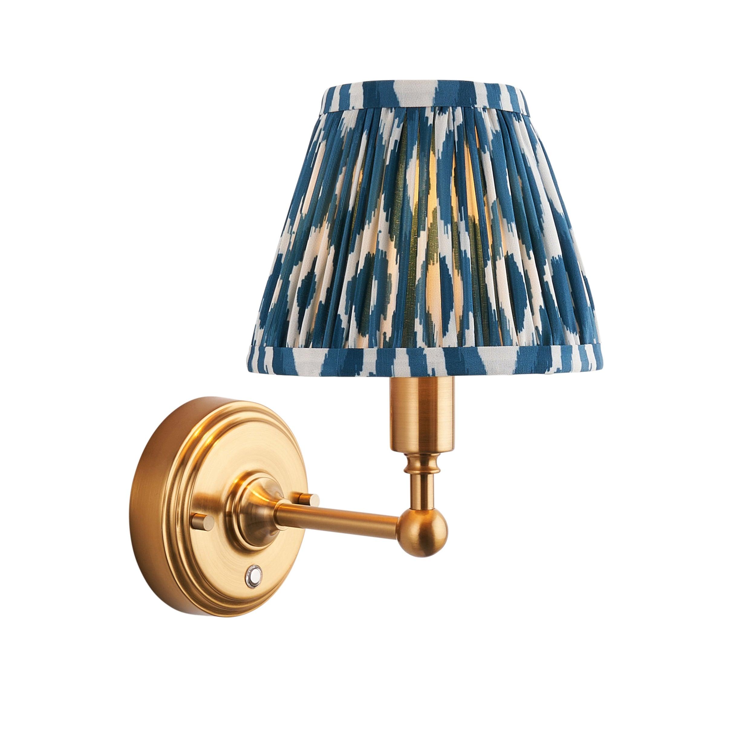 Burley Rechargeable Brass Wall Light with Ikat 16cm Marlin Blue Shade - Vintage Style LED Wall Sconce for Bedroom, Living Room, or Hallway Lighting